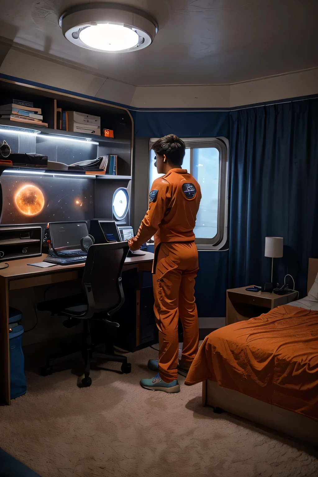 Create an image of the interior of a dome-shaped housing unit for a teenager on the surface of Mars in the year 2124. Der Raum ist vollgestopft mit einem futuristischen Bett, einer futuristischen Vorratsbox, einigen futuristischen Monitoren, a futuristic laptop and some life support equipment. The base of the room is circular. The 18 year old teenager, der auf dem Mars geboren wurde, sucht hektisch nach etwas im Raum. His name is Mohamad Khan and he wears futuristic orange space pajamas.
