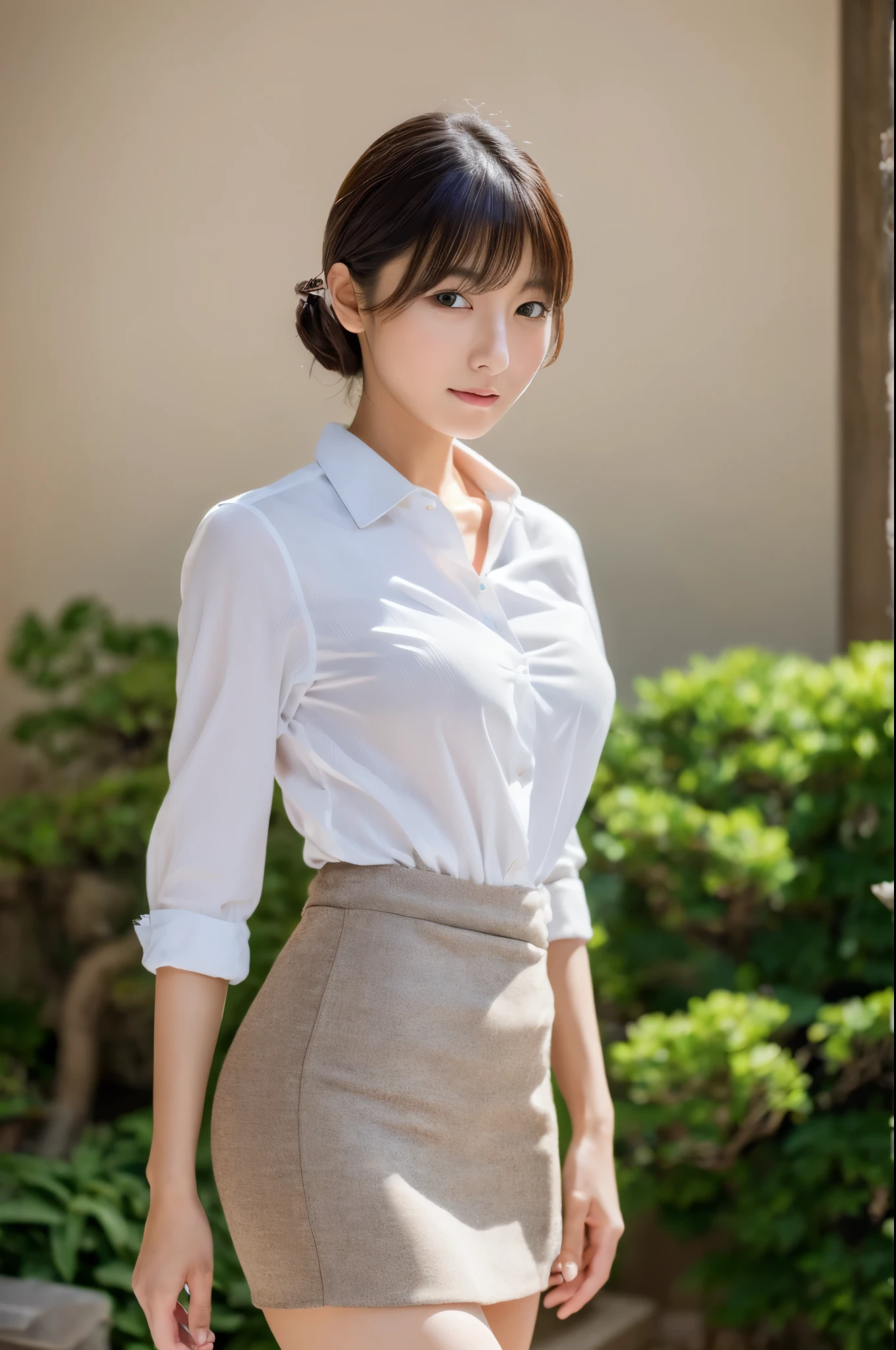 top-quality, masterpiece, 8K, Super high resolution, (Photorealsitic:1.4), 1girl in, beautiful countenance, symmetrical eye, Skinny Japanese lady, 30 years old, Small breasts, thin waist, shirt, short skirt, Look at viewers, front-facing view