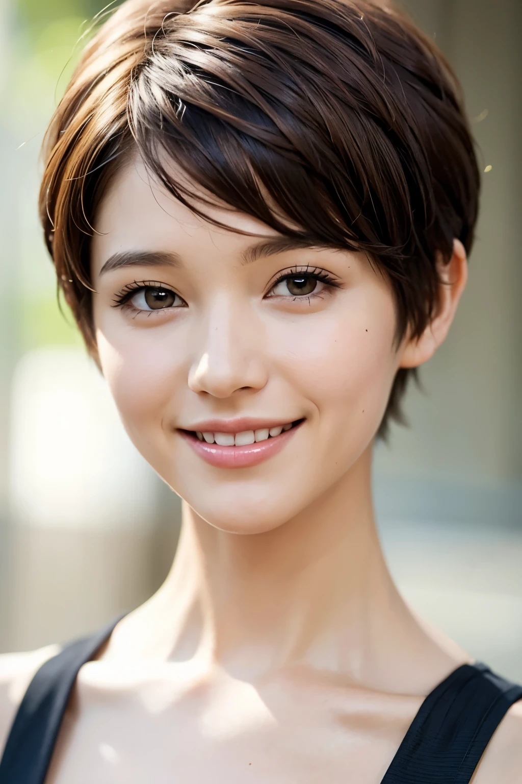 Pixie cut Very, very short hair Uneven hair tips Smile Brown hair Very short hair