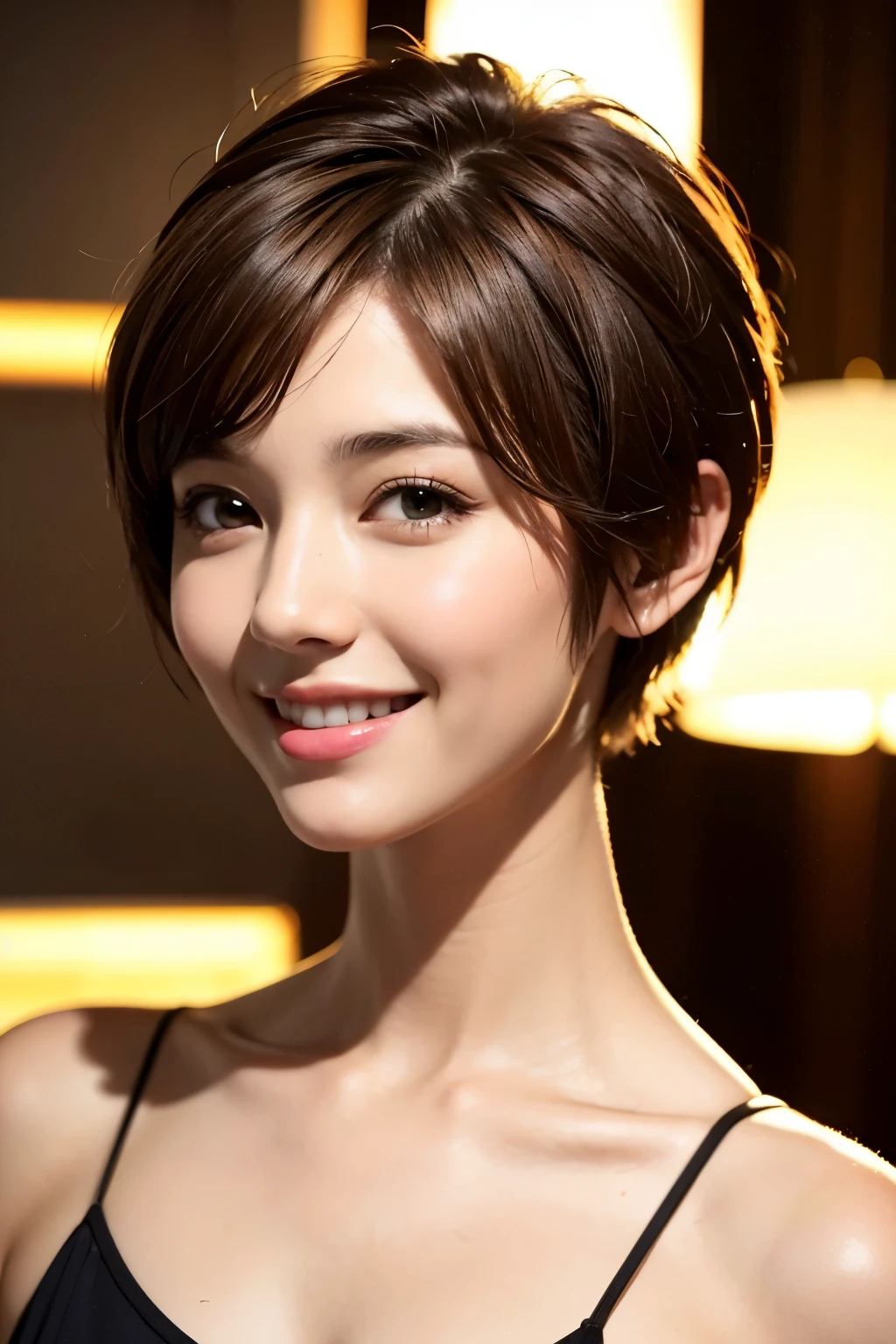 Pixie cut Very, very short hair Uneven hair tips Smile Brown hair Very short hair