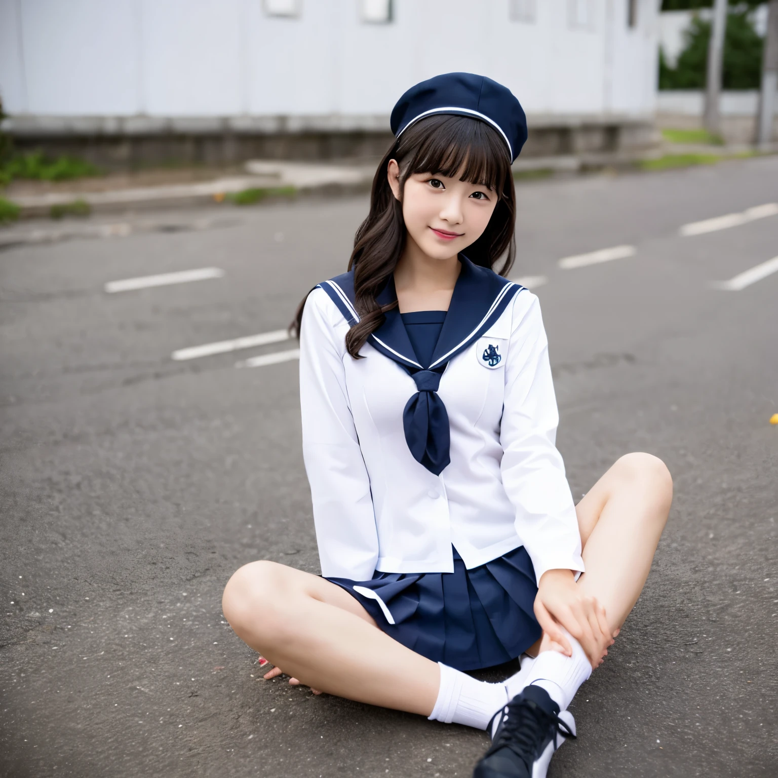 Arafed asian woman in a sailor outfit sitting on the ground - SeaArt AI