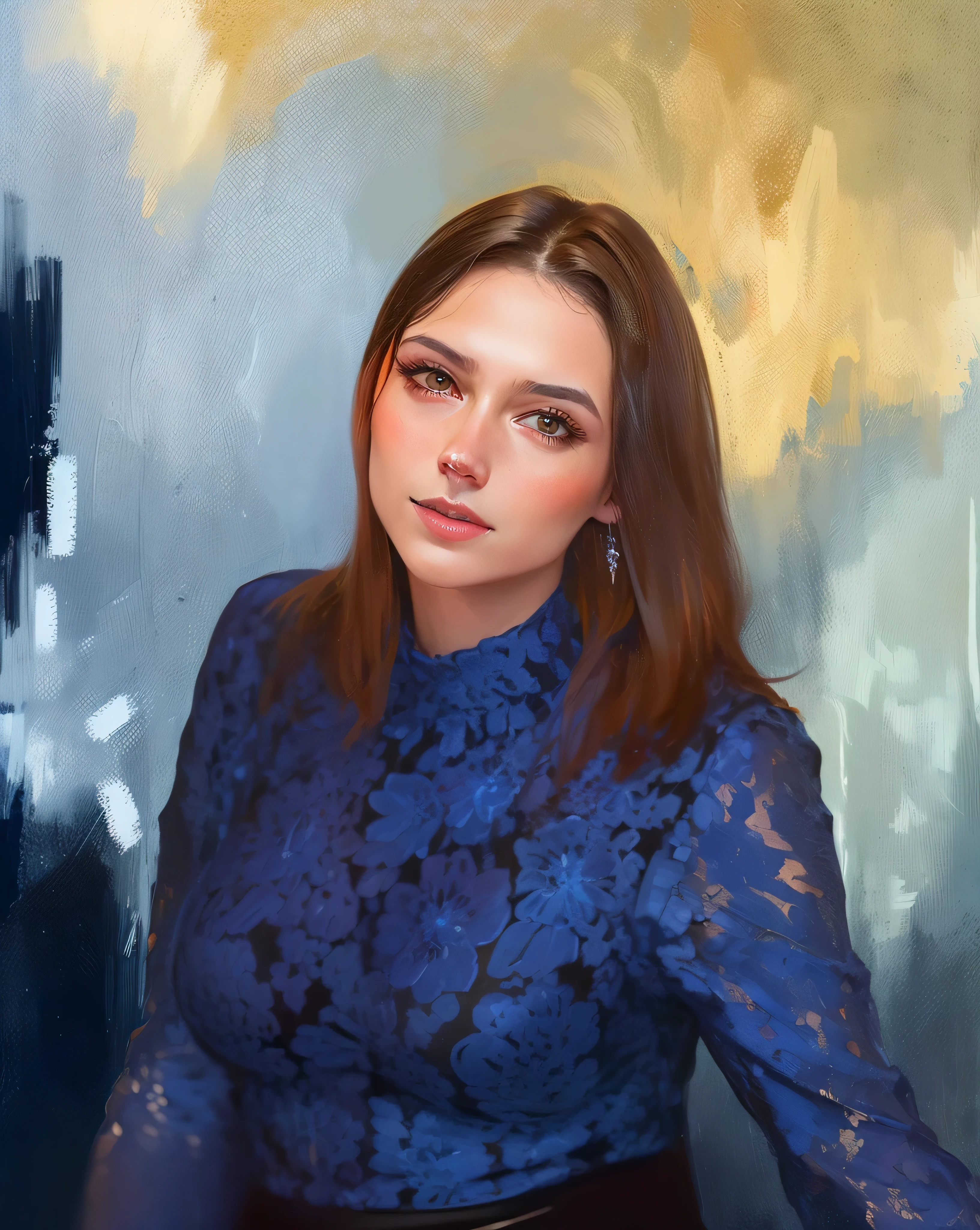 close-up of a woman with dark hair and a blue blouse, digital portrait, portrait art, Digital painting, apply strokes to the wall behind, oil painting, portrait in digital painting styles, the hair is clearly drawn, Good quality, short dark hair, Alexandra Valishevskaya, color portrait, Portrait in profile, high quality portrait