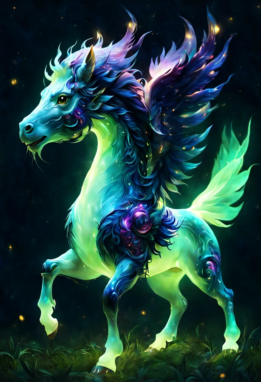 ((Kogo))It&#39;s a mythical beast，Appear in Chinese mythology。gryphon shaped head，((But with the body and hooves of a horse))。Kogo在神话中被视为能日行千里的神兽，With a powerful and majestic image。它常常被用来比喻具有magic力量的存在。((Glowing magical creatures))，they will laugh，out of this world，ethereal，uv，translucent，magic动物，Nature，mystery，beauty，The environment is dark，magic，creature design，high resolution，8k，Super detailed，light、Physical rendering、Vibrant color background bokeh、Various shades、soft light lighting、pulsating light，anatomically correct，Quadruped