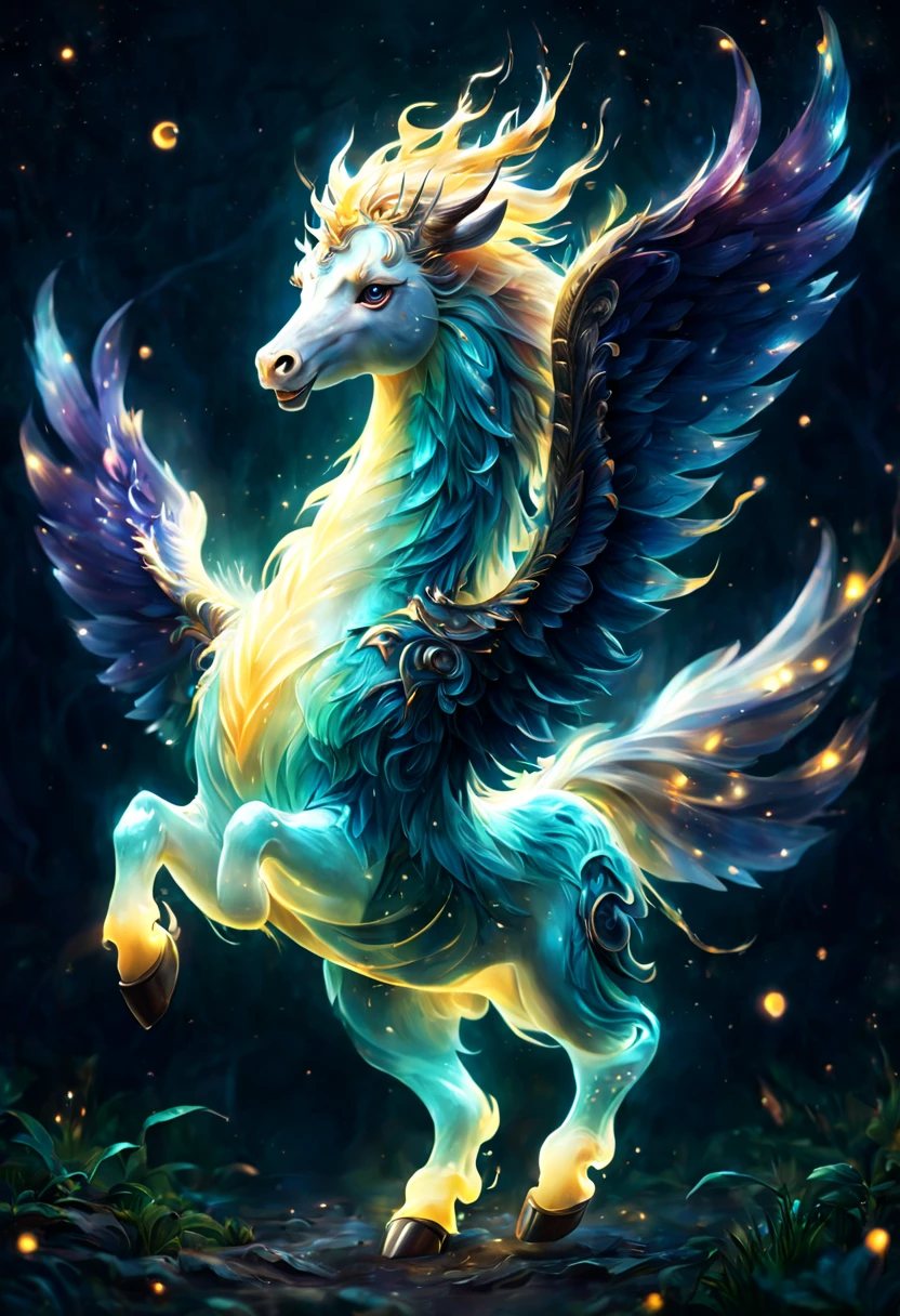 ((Kogo))It&#39;s a mythical beast，Appear in Chinese mythology。gryphon shaped head，((But with the body and hooves of a horse))。Kogo在神话中被视为能日行千里的神兽，With a powerful and majestic image。它常常被用来比喻具有magic力量的存在。((Glowing magical creatures))，they will laugh，out of this world，ethereal，uv，translucent，magic动物，Nature，mystery，beauty，The environment is dark，magic，creature design，high resolution，8k，Super detailed，light、Physical rendering、Vibrant color background bokeh、Various shades、soft light lighting、pulsating light，anatomically correct，Quadruped