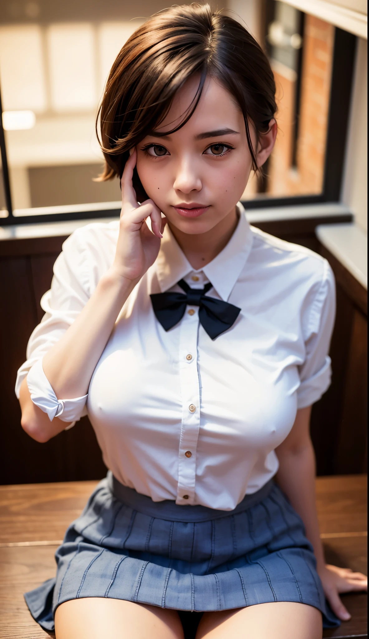 (8ก, raw photos, best quality, Masterpiece:1.2), (realistic, photo-realistic:1.37), Very detailed,
1 girl,cute, alone,Beautifully detailed sky,Detailed cafe,nighttime,sit,Dating,(nose blush),(smile:1.1),(gag),big breasts, seductive smile, wide aperture, professional lighting, Sony A7R4, 50 mm sessile lens. F1.8,
Medium bust,Beautifully detailed eyes,(collar shirt:1.1), bow tie,pleated skirt,(short hair:1.2),floating hair, nsfw, pussy