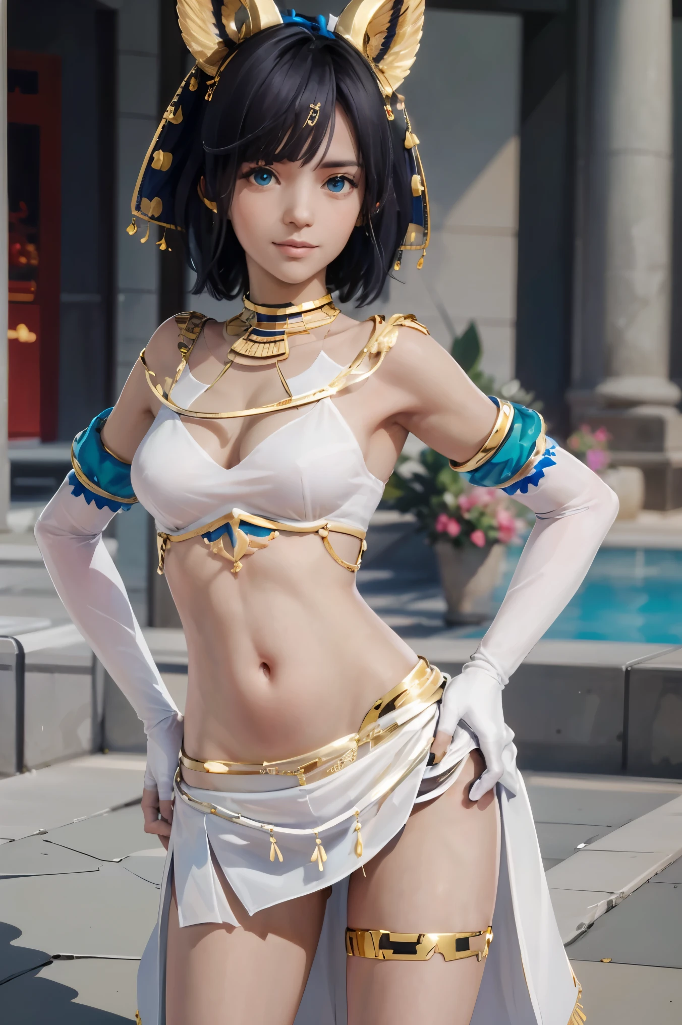 ((masterpiece,best quality)), absurdres, ramesses_ii,  dark skin, solo, smiling, jewelry, gold, nagisa, short hair, 
hip to the side, white miniskirt, contrapposto, hip to the side, hand on hip, dynamic pose, 
pyramid, pool, oasis, gold theme, 
looking at viewer, cowboy shot,