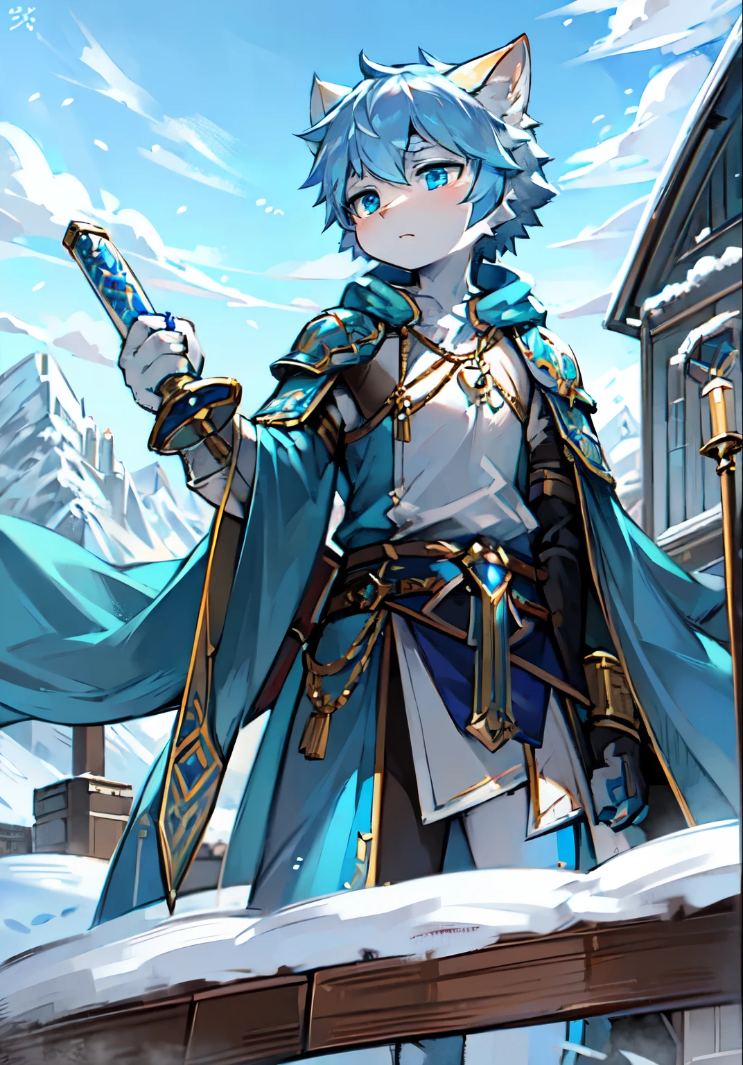 a white cat,Handheld scrolls,blue colored armor,Blue longsword,blue pupils,cool color,map,flowing robe,clear blue sky,gorgeous costumes,Cute Shota,看着map,boys,Sabre at the waist,Hand on the hilt of the sword,Snow,Saber,mountains,Clouds