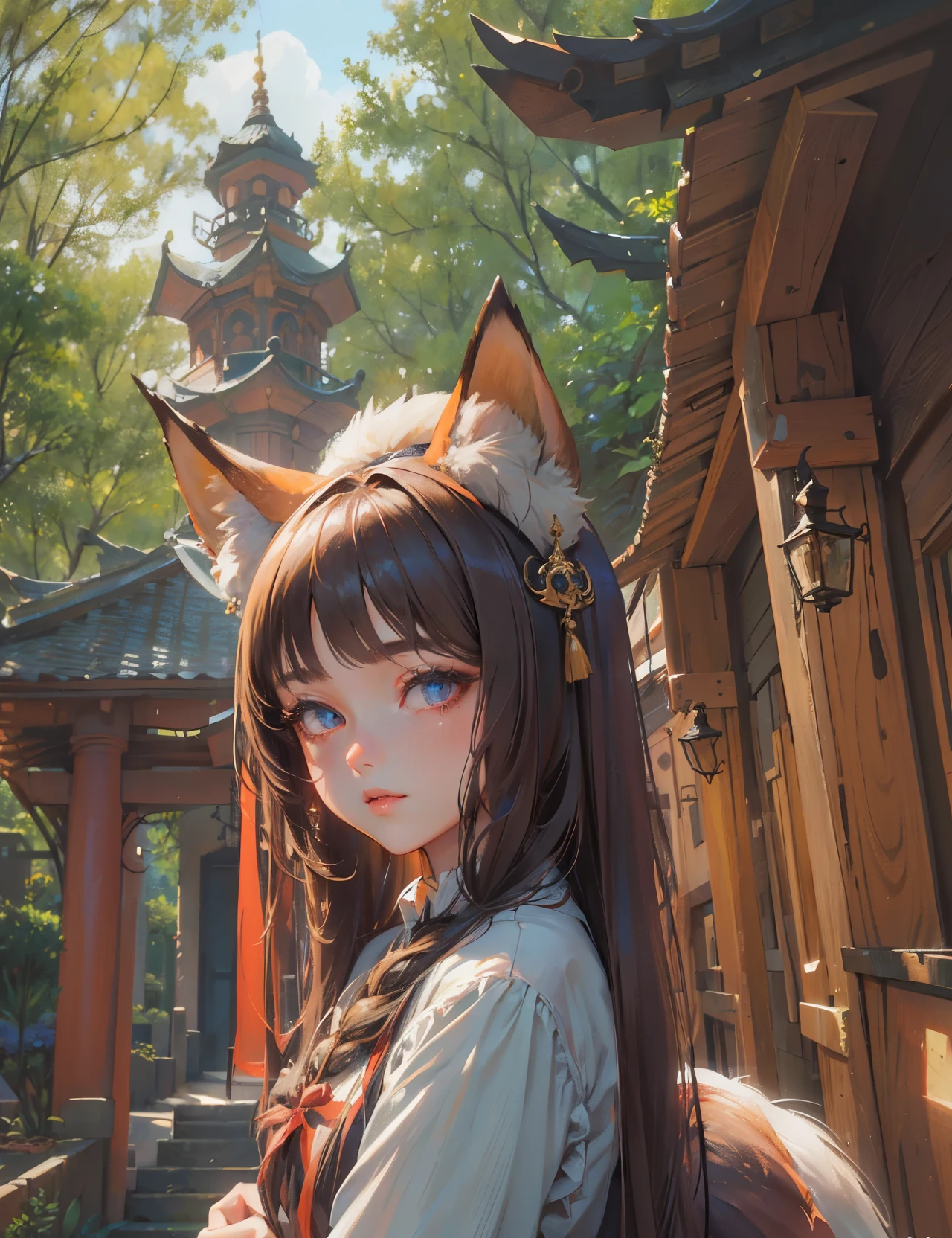 high quality,hd,16k,sharp line,1girl,fox girl ,cute face, large breasts ,nice legs,,focus girl,detailed beautiful face,detailed clothes,beautiful eyes,pretty,dynamic angle