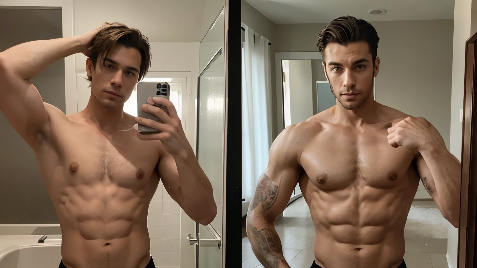 two full height selfie photos side by side. On the left side: a photo of a thin man, and on the right side selfie photo of the same man, but more bulk, mascular.

