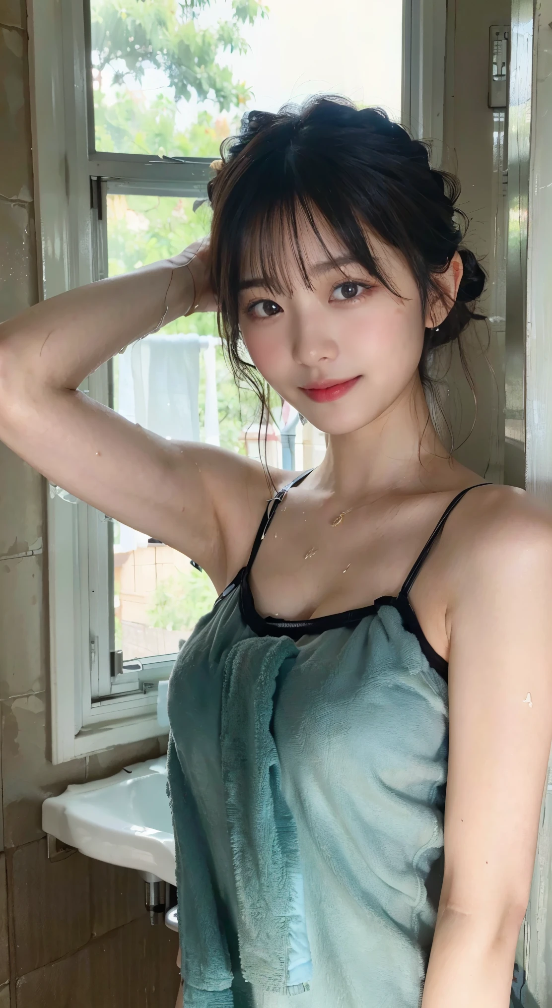 (highest quality,masterpiece:1.3,Super high resolution,),(super detailed,caustics),(Photoreal:1.4,RAW shooting,)ultra-realistic capture,very detailed,High resolution 16K human skin close-up。 Natural skin texture、,The pores are、、Must be detailed enough to be easily identified。 Skin should look even-toned and healthy。 Use natural light and color,(wet hair),(Hold the towel with your hand:1.2),(Wipe your hair with a towel:1.2),with a girl,Japanese,20-year-old,cute,laughter,black haired,shortcut,Camisole-wearing,shorts,Normal size,(bust up shot)