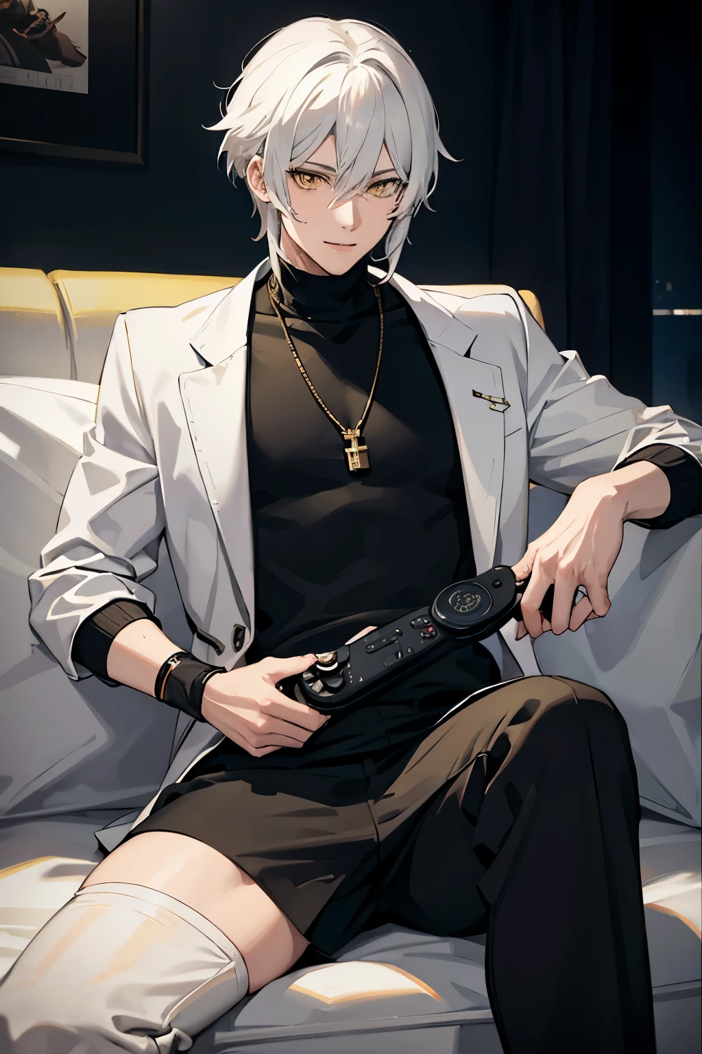 realistic anime, handsome boy teen with white hair, yellow eyes, wearing a black sweater, sitting on the sofa holding a gamepad with a sweet smile, 4k quality, realistic, HD quality