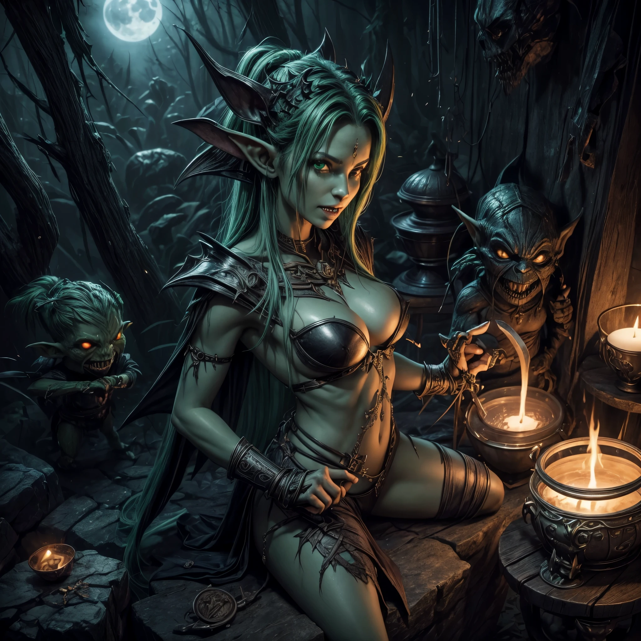 (multiple subjects)(complex details)(a very high quality,4k,8k,highres,masterpiece:1.2), ultra-detailed, realistic, photorealistic:1.37, HDR, UHD, studio lighting, extreme detail description, professional, vivid colors, bokeh, landscape, fantasy, (Overarching theme:Horror Movie), seductive, alluring, detailed faces, (green skin, sexy, buxom, evil, little, insane, cannibal, female goblins) with crude sharp glinting weapons, they have sharp shark like teeth and they are hungry and horny), cannibal black iron cauldron (with a human woman in it), magic glade, moonlight, full body, show goblins from head to toe, show her entire body