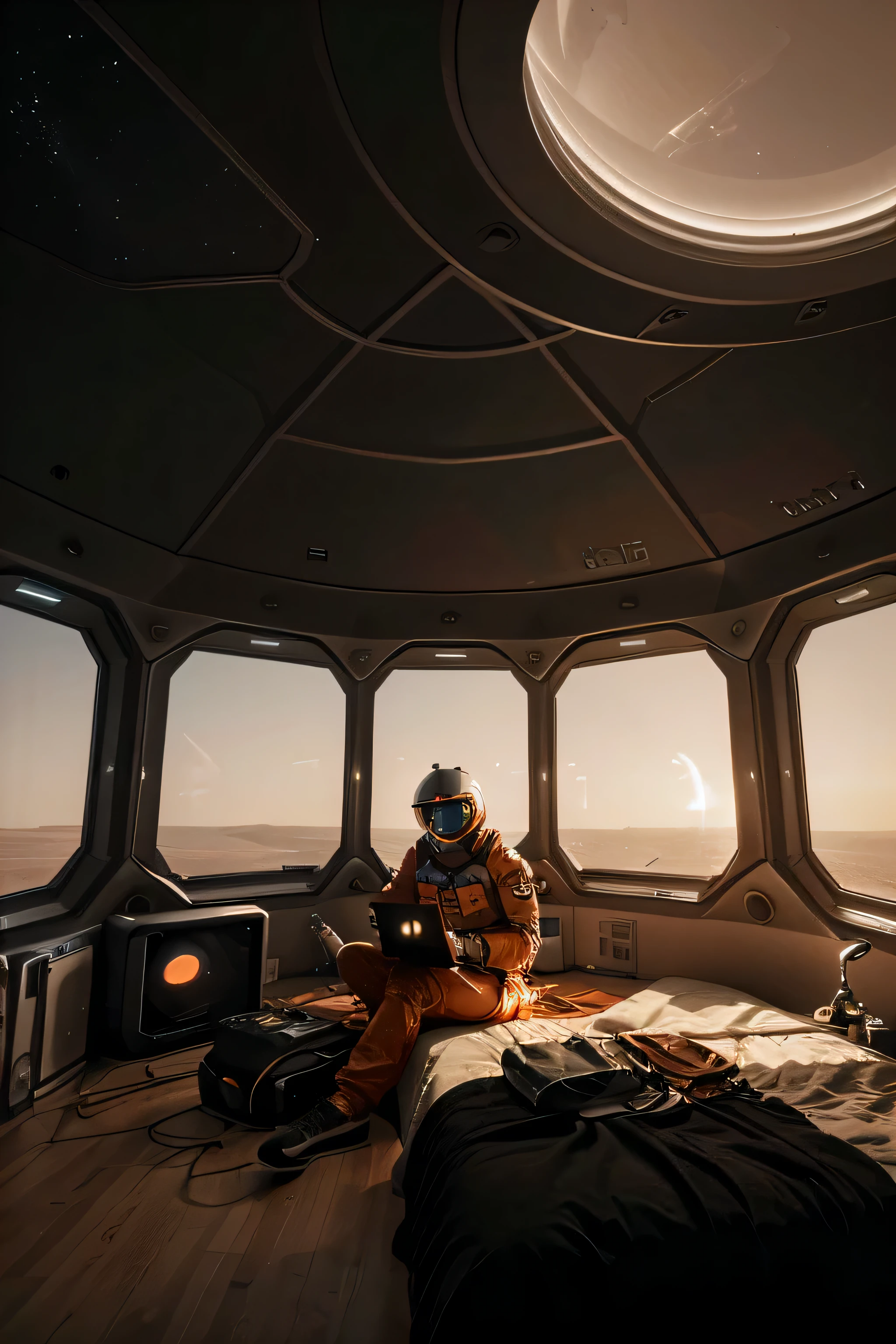 Create an image of the interior of a dome-shaped housing unit for a ager on the surface of Mars in the year 2124. Der Raum ist vollgestopft mit einem futuristischen Bett, einer futuristischen Vorratsbox, einigen futuristischen Monitoren, a futuristic laptop and some life support equipment. The base of the room is circular. The 18 year old teen, der auf dem Mars geboren wurde, sucht hektisch nach etwas im Raum. His name is Mohamad Khan and he wears futuristic orange space pajamas.