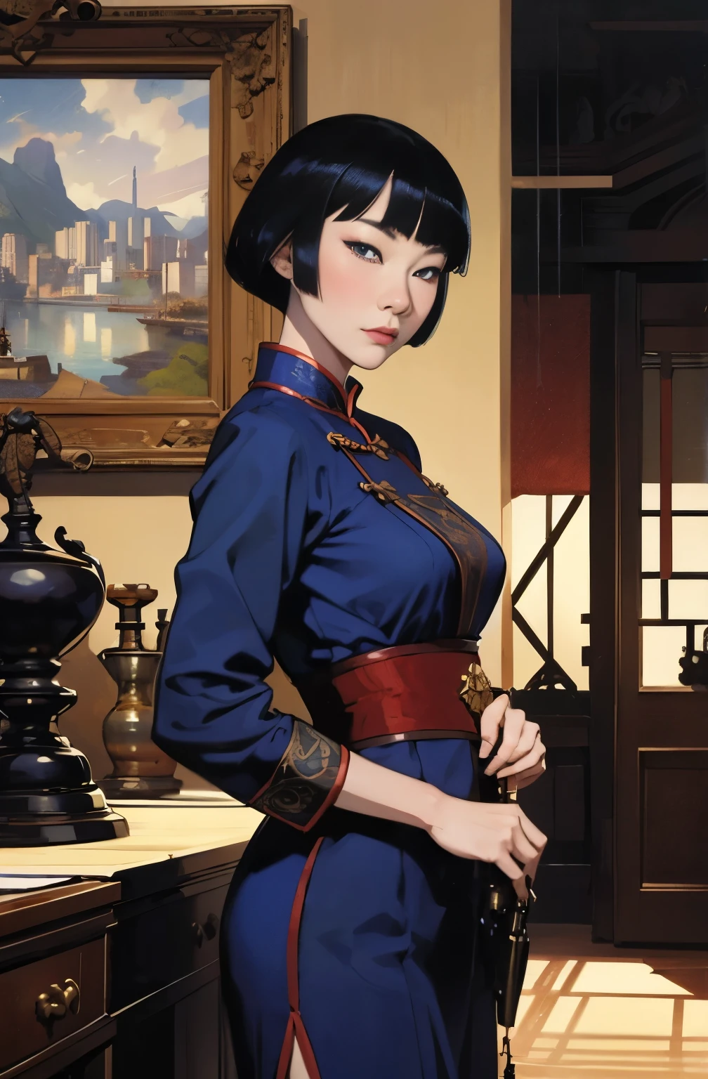 A painting of a beautiful young woman standing quietly, 美しいHongkongの夜景, flower of society, She is wearing an elegant purple cheongsam, Inspired by Chen Yifei, Inspired by Francesco Hayez, Inspired by Hendrik Terbruggen, Jean=Works that influenced Auguste Dominique Ingres, Inspired by Liu Jun, Jean=Works that influenced Auguste Dominique Ingres, highest quality, perfect angle, perfect composition, best shot, official art, cinematic light, figurative art, Beautiful and expressive paintings, Beautiful artwork illustration, wonderful, cool beauty, clear, Mysterious, highest quality, official art, perfect composition,perfect angle, best shot, women only, sharp outline, In the middle of a conspiracy, Anna May Wong, faces behind the scenes, dark government official, dark mission, first class agent, Government agencies, トップクラスの大物spy, 有能な女spy, 美しい女性spy, pretty much beautiful face, spy, spy X21, carrying a concealed gun and knife, Eyes without pupils, color eye, ideal anima, melancholy, nostalgia, romantic, 1930s, Hongkong, beautiful cityscape, sepia memories, unforgettable woman, close
