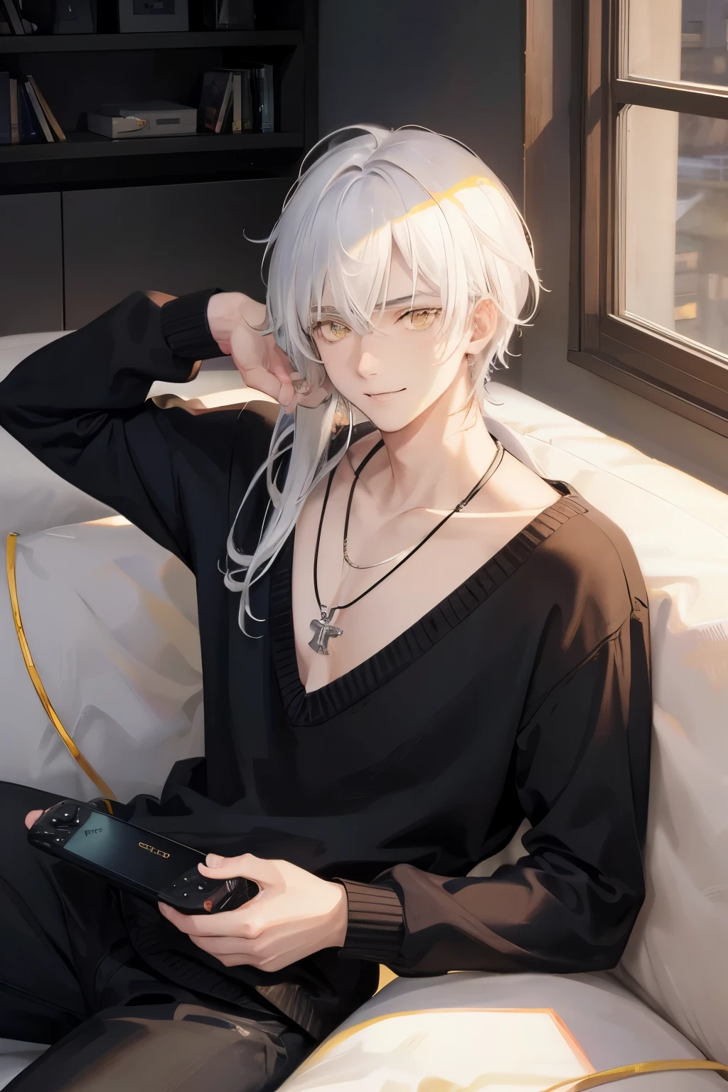 realistic anime, handsome boy teen with white hair, yellow eyes, wearing a black sweater and Necklace, sitting on the sofa holding a gamepad with a sweet smile, 4k quality, realistic, HD quality
