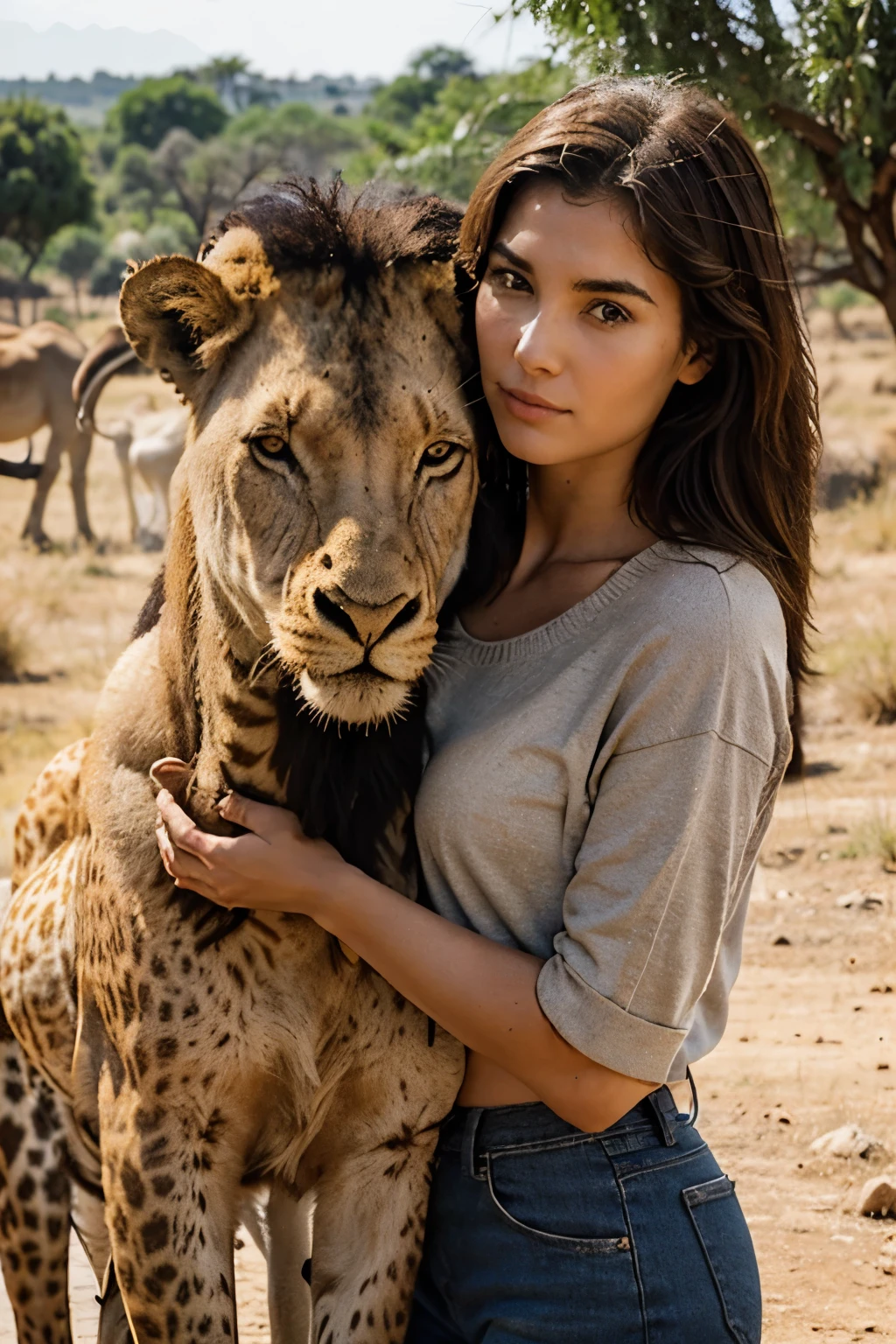 tres belle Fille de 19 ans qui se trouve au milieu de la savane afriquaine entourée de girafes et de zebres. elle prend par le cou un lion pour lui faire un calin