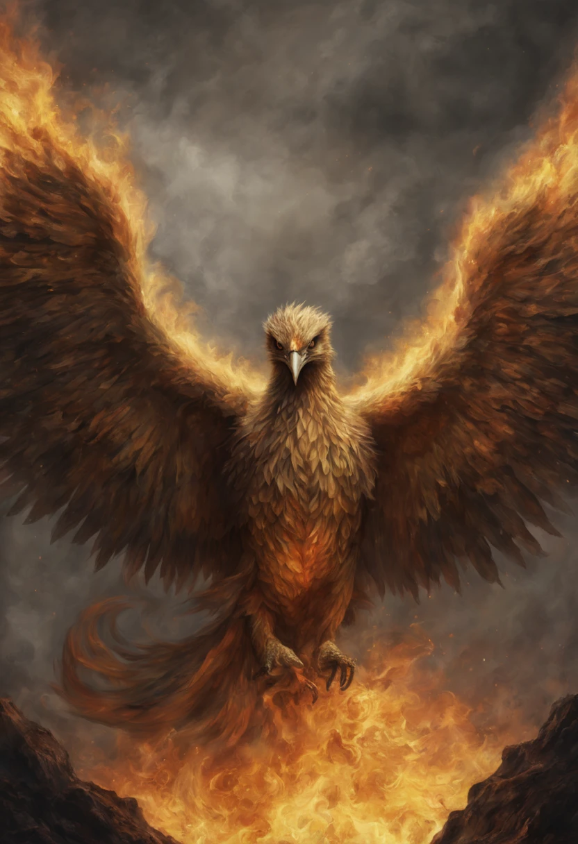 A Phoenix rising from the ashes, fire and smoke, golden radiance, fantasy artwork, sinister gloom, detailed, intricate, hyperrealistic