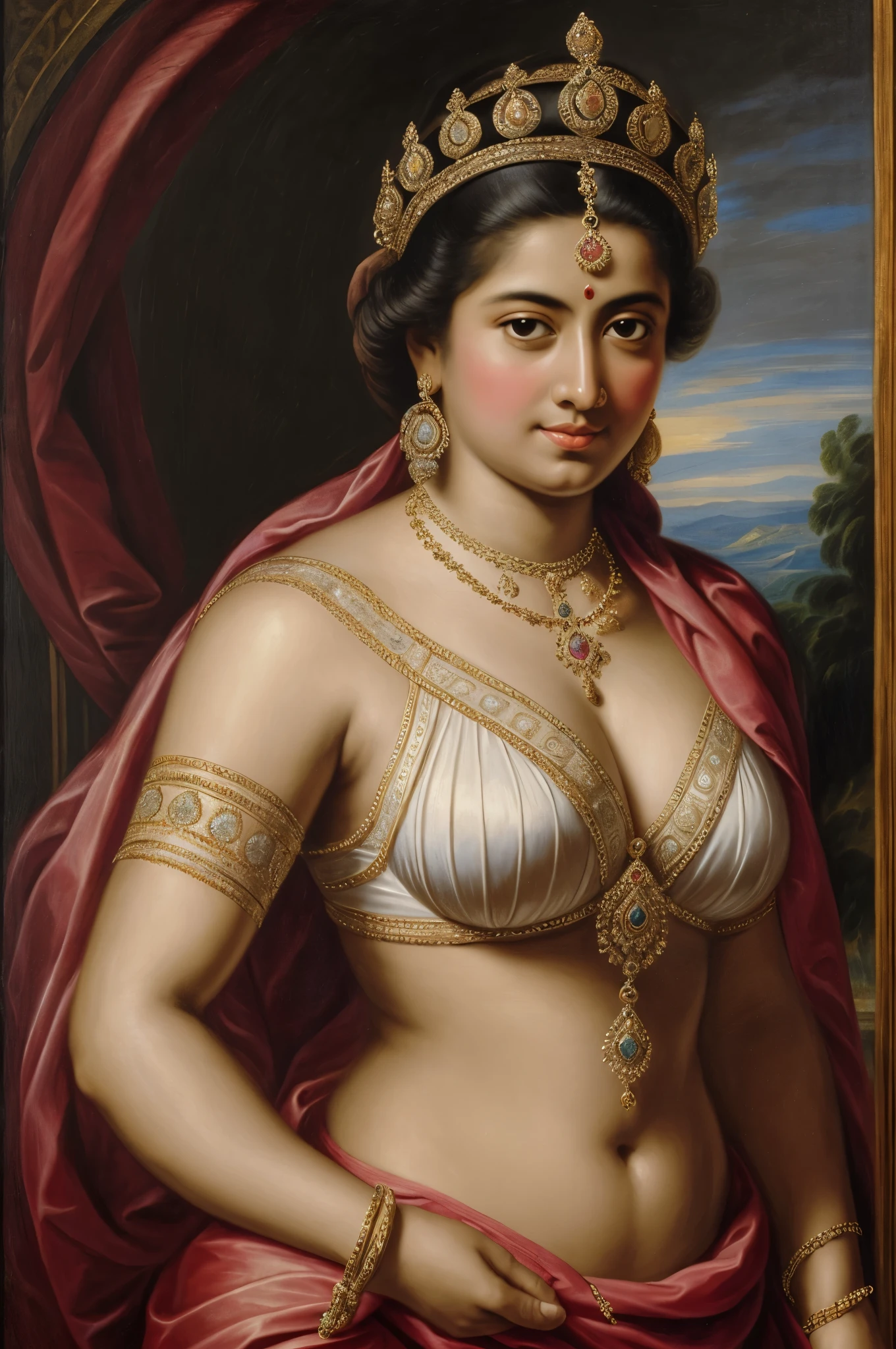 Make a painting, using inspiration from Peter Paul Rubens, of a robust, well-proportioned Indian queen who exudes strength, confidence, and regality.

Imagine a strong Indian queen who is confident in her beauty and radiates grace and authority. Show her as a representation of self-acceptance and beauty, embracing the variety of body shapes and upending preconceived notions of what constitutes beautiful.

Think about using aspects of Rubens' style, like his vibrant color scheme, dramatic lighting, and luxurious, flowing textiles. Draw attention to the queen's stunning eyes, charming smile, and poised yet kind demeanor, showcasing her inherent attractiveness.

Highlight the queen's regal clothing, which is embellished with elaborate designs, vivid hues, and pricey jewels to symbolize her heightened rank. Observe closely to the features of her traditional Indian attire.