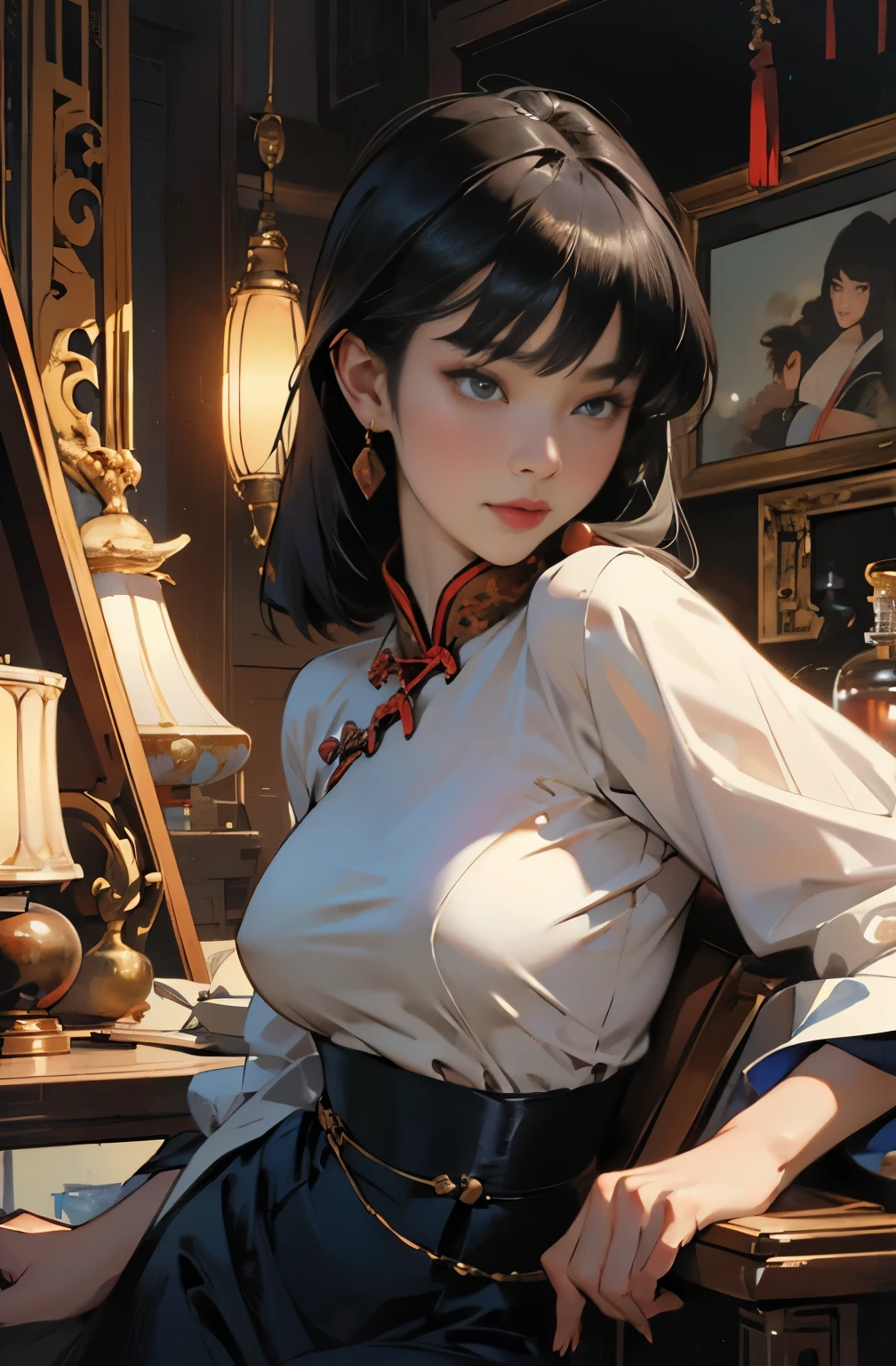 ((Realistic lighting, optimal quality, 8K, masterpaintings:1.3)),( sharp fokus:1.2), Girl Huge breasts, (Beautiful Women with Perfect Figure:1.4),Close-up strengthened,slim:1.1, ((dark brown hair)), (White cheongsam:1.4),(exteriors,during night:1.1),urban street,Ultra-fine face,Fine eyes,双眼皮,Close up of