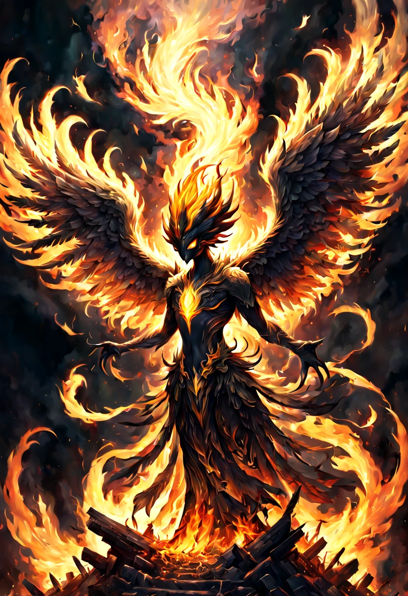 A Phoenix rising from the ashes, fire and smoke, golden radiance, fantasy artwork, sinister gloom, detailed, intricate, hyperrealistic