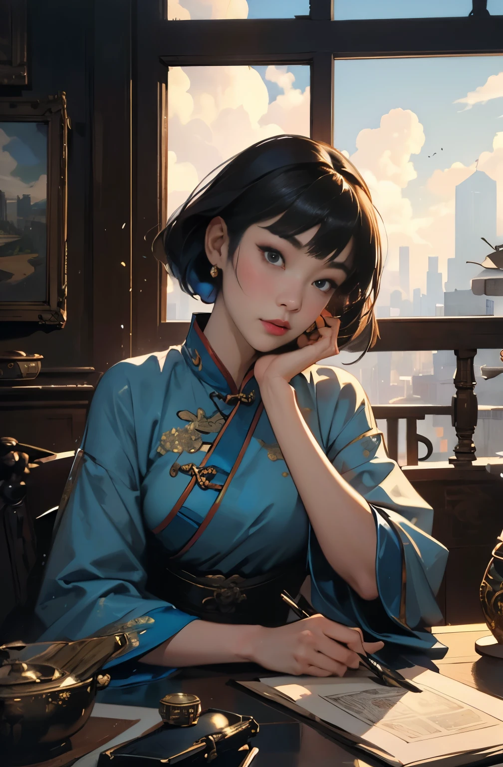 A painting of a beautiful young woman standing quietly, 美しいHongkongの夜景, flower of society, She is wearing an elegant purple cheongsam, Inspired by Chen Yifei, Inspired by Francesco Hayez, Inspired by Hendrik Terbruggen, Jean=Works that influenced Auguste Dominique Ingres, Inspired by Liu Jun, Jean=Works that influenced Auguste Dominique Ingres, highest quality, perfect angle, perfect composition, best shot, official art, cinematic light, figurative art, Beautiful and expressive paintings, Beautiful artwork illustration, wonderful, cool beauty, clear, Mysterious, highest quality, official art, perfect composition,perfect angle, best shot, women only, sharp outline, In the middle of a conspiracy, Anna May Wong, faces behind the scenes, dark government official, dark mission, first class agent, Government agencies, トップクラスの大物spy, 有能な女spy, 美しい女性spy, pretty much beautiful face, spy, spy X21, carrying a concealed gun and knife, Eyes without pupils, color eye, ideal anima, melancholy, nostalgia, romantic, 1930s, Hongkong, beautiful cityscape, sepia memories, unforgettable woman, close