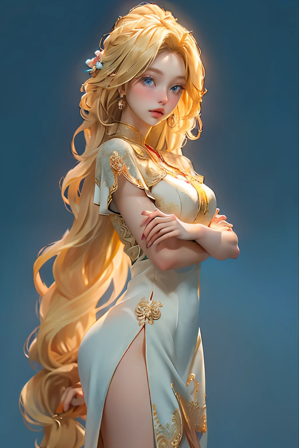 (1 girl:1.0), solo, long hair, blonde, beautiful and aesthetic, masterpiece, best quality, RAW, simple background, standing still, mesmerizing blue eyes, captivating red lips, natural red cheeks, medium breast size, adorned in a delicate flower dress, highlighting her graceful and elegant figure. (High Resolution, Ultra-detailed, Illustration, Simplistic, Flower power)
This serene young woman, with her cascading golden locks, captivates the heart as she stands amidst a simple, blank backdrop. Her captivating blue eyes, adorned with the slightest hint of allure, hold an