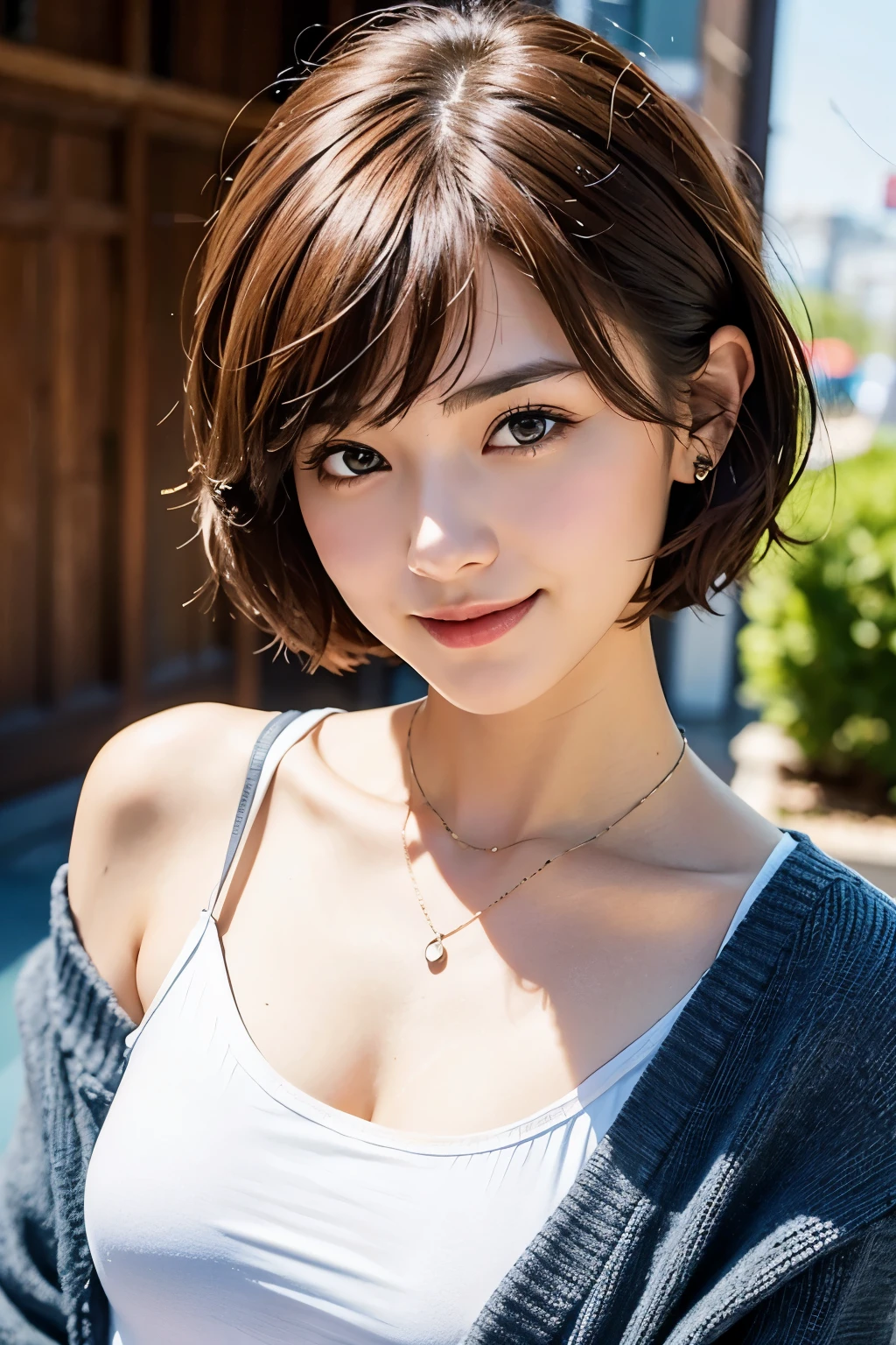 Pixie cut Very, very short hair Uneven hair tips Smile Brown hair Very short hair