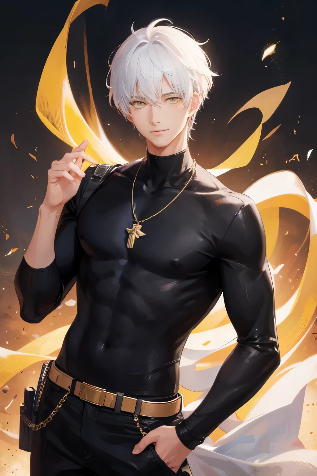 realistic anime, handsome with white hair, yellow eyes, wearing a black sweater and Necklace, Is standing with a sweet smile, 4k quality, realistic, HD quality,full body
