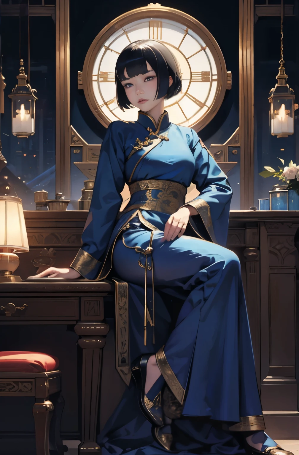 A painting of a beautiful young woman standing quietly, 美しいHongkongの夜景, flower of society, She is wearing an elegant purple cheongsam, Inspired by Chen Yifei, Inspired by Francesco Hayez, Inspired by Hendrik Terbruggen, Jean＝Works that influenced Auguste Dominique Ingres, Inspired by Liu Jun, Jean＝Works that influenced Auguste Dominique Ingres, highest quality, perfect angle, perfect composition, best shot, official art, cinematic light, figurative art, Beautiful and expressive paintings, Beautiful artwork illustration, wonderful, cool beauty, clear, Mysterious, highest quality, official art, perfect composition,perfect angle, best shot, women only, sharp outline, In the middle of a conspiracy, Anna May Wong, faces behind the scenes, dark government official, dark mission, first class agent, Government agencies, トップクラスの大物spy, 有能な女spy, 美しい女性spy, pretty much beautiful face, spy, spy X21, carrying a concealed gun and knife, Eyes without pupils, color eye, ideal anima,　melancholy, nostalgia, romantic, 1930s, Hongkong, beautiful cityscape, sepia memories, unforgettable woman, Full body Esbian