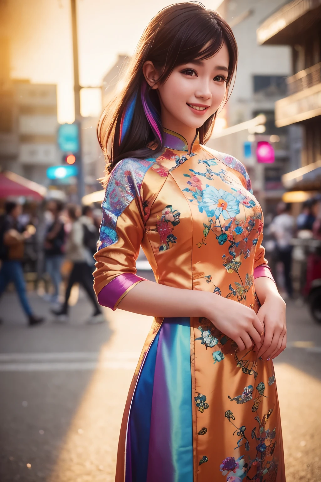 A close up of a woman in a dress standing on a street - SeaArt AI