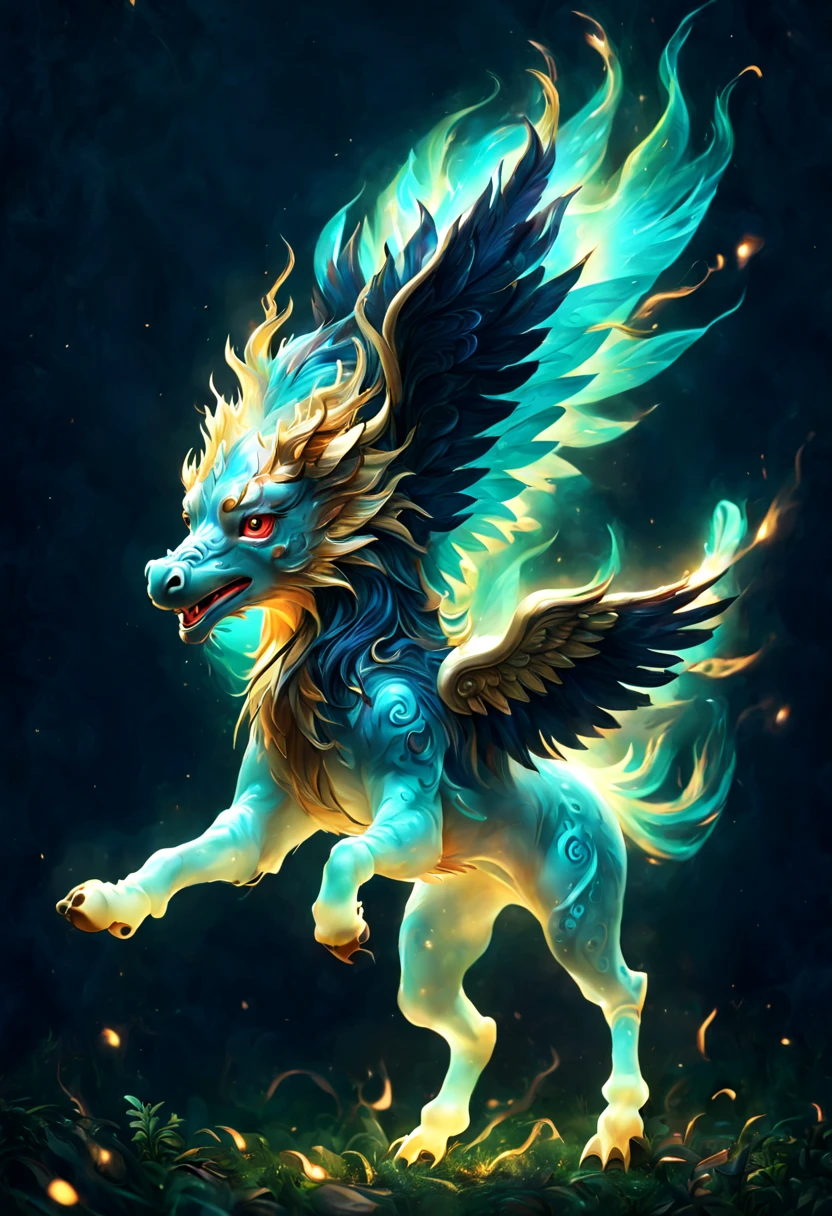 ((Kogo))It&#39;s a mythical beast，Appear in Chinese mythology。((Griffin shaped head，But with the body and hooves of a horse))。Kogo在神话中被视为能日行千里的神兽，With a powerful and majestic image。它常常被用来比喻具有magic力量的存在。((Glowing magical creatures))，they will laugh，out of this world，ethereal，uv，translucent，magic动物，Nature，mystery，beauty，The environment is dark，magic，creature design，high resolution，8k，Super detailed，light、Physical rendering、Vibrant color background bokeh、Various shades、soft light lighting、pulsating light，anatomically correct，Quadruped