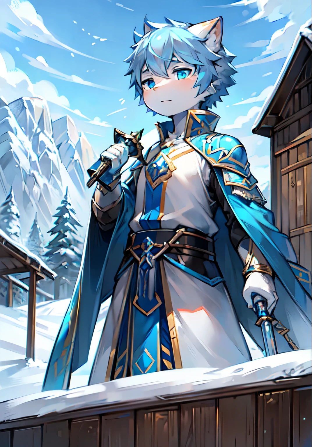 a white cat,blue colored armor,Blue longsword,blue pupils,cool color,map,flowing robe,clear blue sky,gorgeous costumes,Cute Shota,boys,Sabre at the waist,Hand on the hilt of the sword,Snow,Saber,mountains,Clouds,firm eyes,dark clouds,Holding a long sword in his hand
