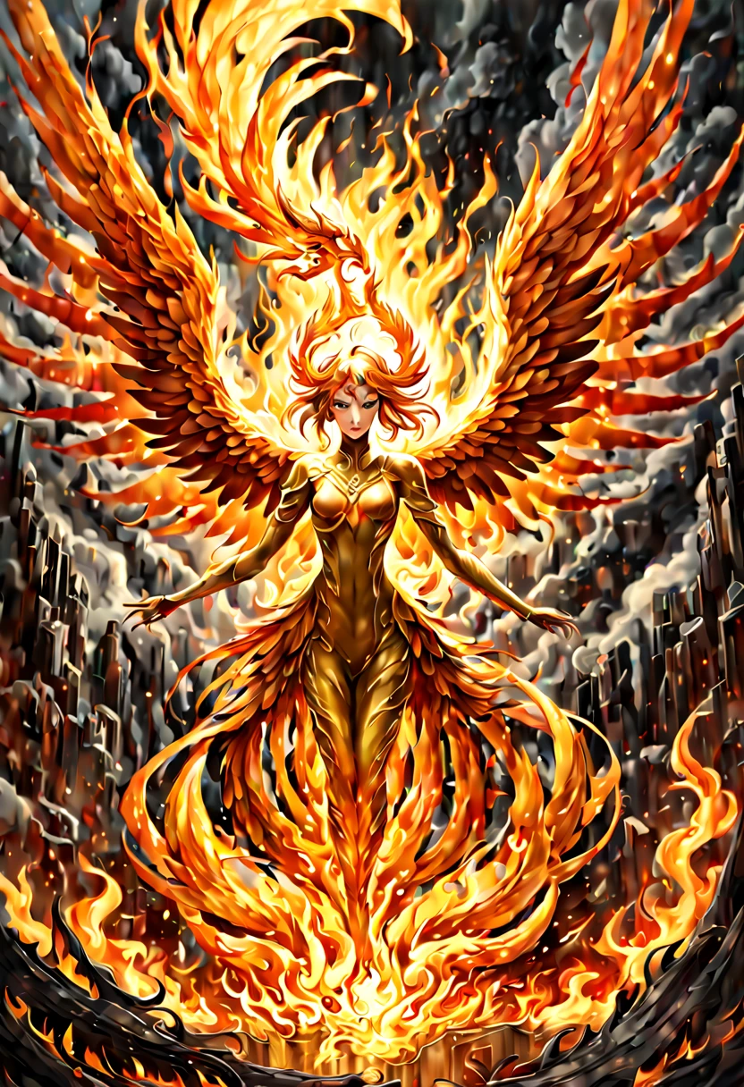 A Phoenix rising from the ashes, fire and smoke, golden radiance, fantasy artwork, sinister gloom, detailed, intricate, hyperrealistic