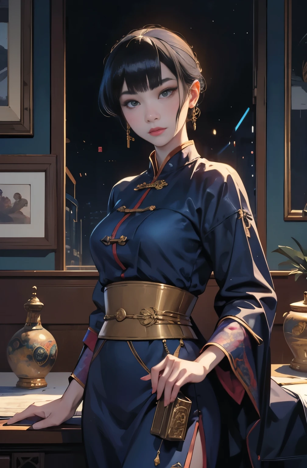 A painting of a beautiful young woman standing quietly, 美しいHongkongの夜景, flower of society, She is wearing an elegant purple cheongsam, Inspired by Chen Yifei, Inspired by Francesco Hayez, Inspired by Hendrik Terbruggen, Jean=Works that influenced Auguste Dominique Ingres, Inspired by Liu Jun, Jean=Works that influenced Auguste Dominique Ingres, highest quality, perfect angle, perfect composition, best shot, official art, cinematic light, figurative art, Beautiful and expressive paintings, Beautiful artwork illustration, wonderful, cool beauty, clear, Mysterious, highest quality, official art, perfect composition,perfect angle, best shot, women only, sharp outline, In the middle of a conspiracy, Anna May Wong, faces behind the scenes, dark government official, dark mission, first class agent, Government agencies, トップクラスの大物spy, 有能な女spy, 美しい女性spy, pretty much beautiful face, spy, spy X21, carrying a concealed gun and knife, Eyes without pupils, color eye, ideal anima, melancholy, nostalgia, romantic, 1930s, Hongkong, beautiful cityscape, sepia memories, unforgettable woman, Close-up