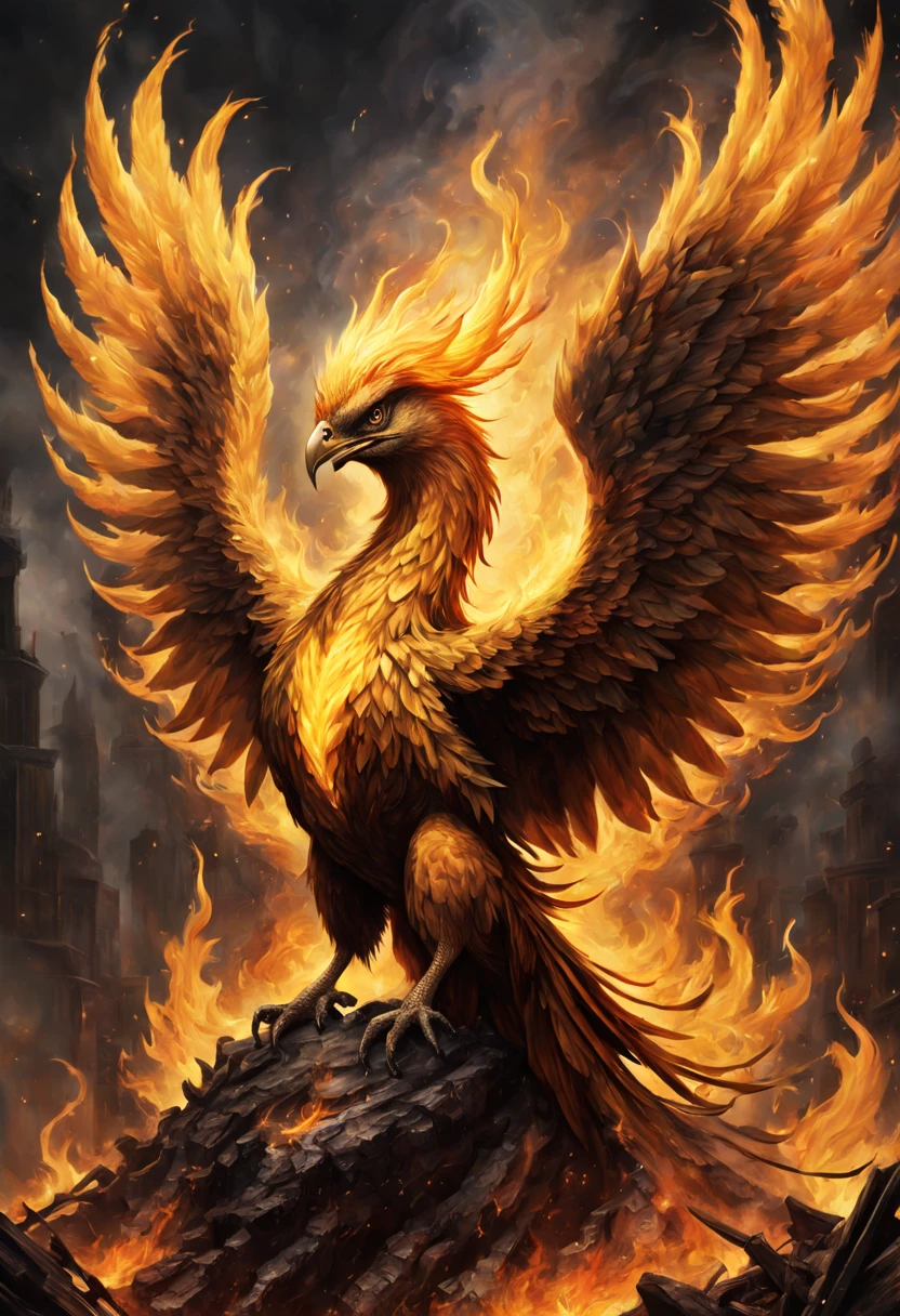 A Phoenix rising from the ashes, fire and smoke, golden radiance, fantasy artwork, sinister gloom, detailed, intricate, hyperrealistic