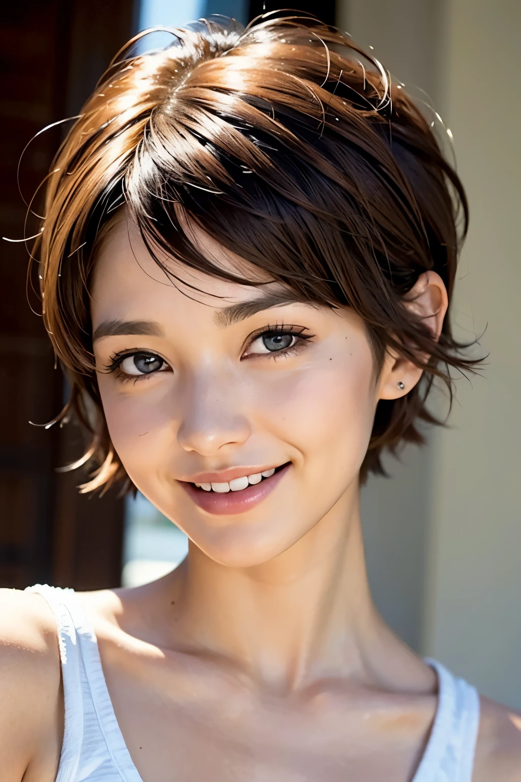 Pixie cut, very, very short hair, uneven tips, smile, brown hair