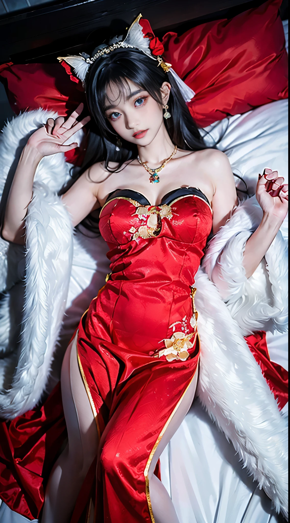 cheshire cosplay costume, cosplay, dress, chinese clothes, thighhighs, fur capelet, cat ears, hair ornament, red high heels, ((full body)), ((from above)), ((Satellite view)), ((Lying in bed)), clear face, pretty face, 8k, masterpiece, original photo, best quality, detail:1.2,lifelike, detail, Very detailed, CG, unified, wallpapers, depth of field, movie light, lens flare, Ray tracing, (extremely beautiful face, beautiful lips, beautiful eyes), intricate, detail的脸, ((ultra detailed skin)), 1 girl, in the darkness, deep shadow, beautiful korean girl, kpop idol,(Very slim figure:1.3), A plump chest, Large breasts, Slender sexy legs, Very nice legs, elegant posture, (bright smile), (City night, (neon lights), (night), beautiful korean girl, white diamond earrings, Diameter bracelet, Dia necklace, clear eyes, (big eyes)