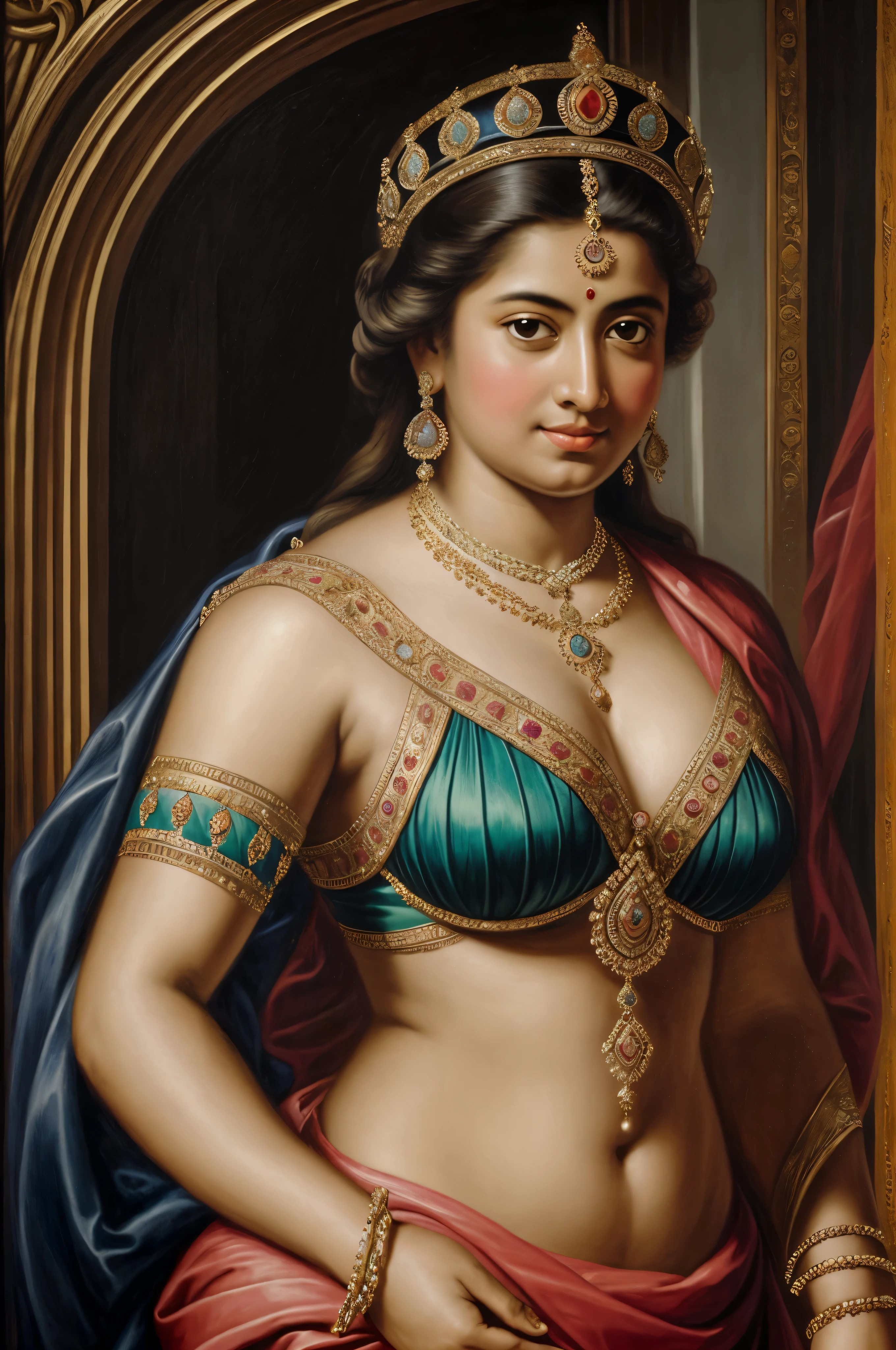 Make a painting, using inspiration from Peter Paul Rubens, of a robust, well-proportioned Indian queen who exudes strength, confidence, and regality.
Imagine a strong Indian queen who is confident in her beauty and radiates grace and authority. Show her as a representation of self-acceptance and beauty, embracing the variety of body shapes and upending preconceived notions of what constitutes beautiful.
Think about using aspects of Rubens' style, like his vibrant color scheme, dramatic lighting, and luxurious, flowing textiles. Draw attention to the queen's stunning eyes, charming smile, and poised yet kind demeanor, showcasing her inherent attractiveness.
Highlight the queen's regal clothing, which is embellished with elaborate designs, vivid hues, and pricey jewels to symbolize her heightened rank. Observe closely to the features of her traditional Indian attire.