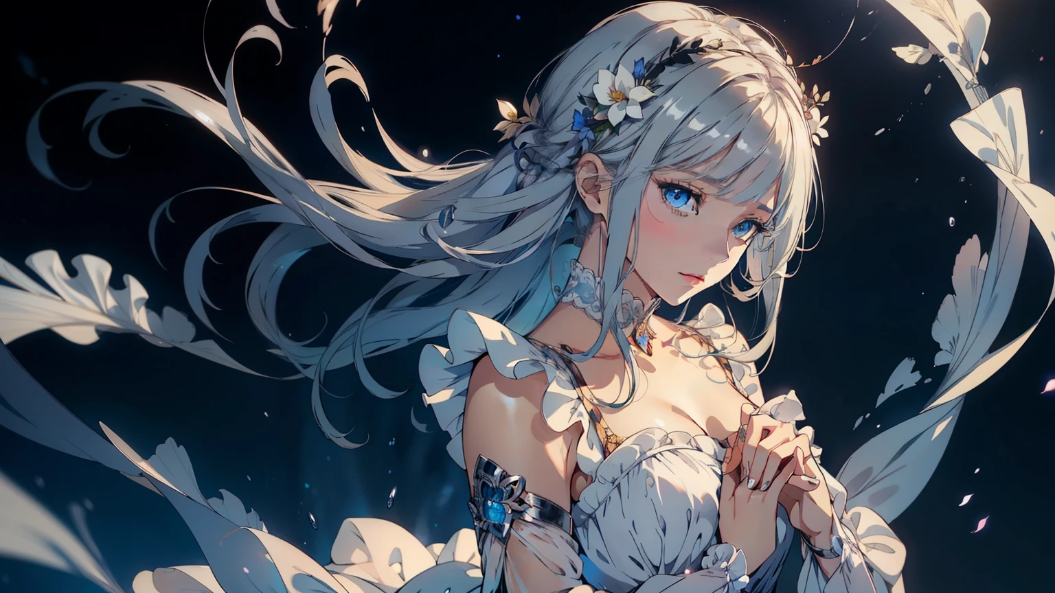 Aim from above、official art, ヨーロッパのmasterpiece女性,, pale silver hair , deep blue eyes, (masterpiece、highest quality、High resolution: 1.4),In 8K, anime art nouveau, Highly detailed exquisite fan art, anime fantasy illustration, clean detailed anime art, detailed anime art, sharp focus of a person, Delicate Beautiful Hair and Eyes and Face, real, Super detailed, Flower Garden,((Delicate, delicate and cute hands)),((elegant shiny dress)),((Lots of races)),((lots of frills)),((lots of ribbons))