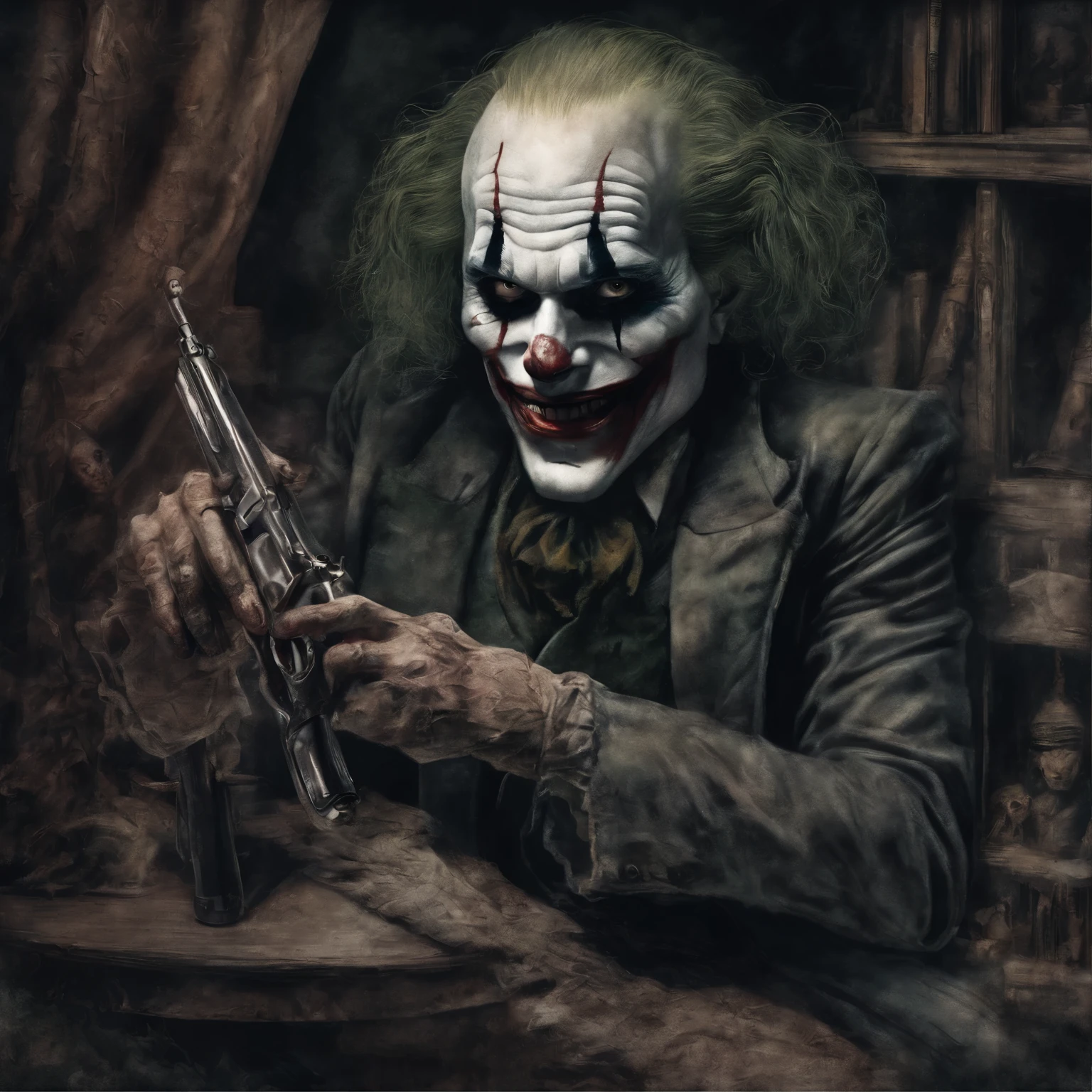 Le joker playing with colorful, whimsical armes ,beautifully vivid illustrations,with a vintage gun overflowing with an assortment of antique dolls and stuffed animals,delicate porcelain figurines,soft, pastel colors in the background,horrible sunlight filtering through lace curtains,creating a warm, mecanic atmosphere,(best quality,highres),with every intricate detail, from the vampire playful expression to the carefully painted features of the cheval ,(realistic,photorealistic), (portrait-like,illustration-like),evoking a sense of wonder and imagination.