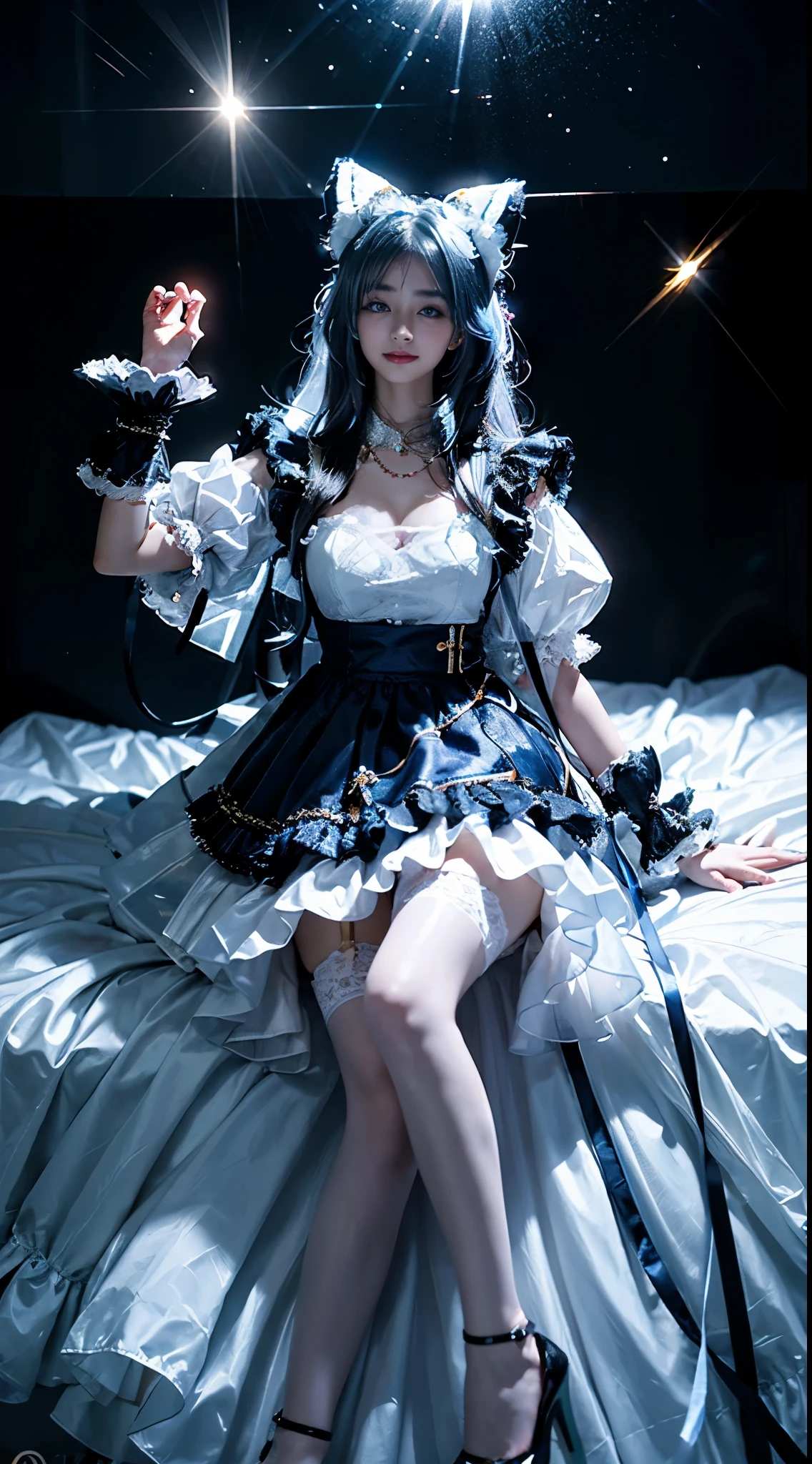 shinano cosplay costume, cosplay, thighhighs, high heels, see-through, fox tail, multiple tails, ((full body)), ((from above)), ((Satellite view)), ((Lying in bed)), clear face, pretty face, 8k, masterpiece, original photo, best quality, detail:1.2,lifelike, detail, Very detailed, CG, unified, wallpapers, depth of field, movie light, lens flare, Ray tracing, (extremely beautiful face, beautiful lips, beautiful eyes), intricate, detail的脸, ((ultra detailed skin)), 1 girl, in the darkness, deep shadow, beautiful korean girl, kpop idol,(Very slim figure:1.3), A plump chest, Large breasts, Slender sexy legs, Very nice legs, elegant posture, (bright smile), (City night, (neon lights), (night), beautiful korean girl, white diamond earrings, Diameter bracelet, Dia necklace, clear eyes, (big eyes)
