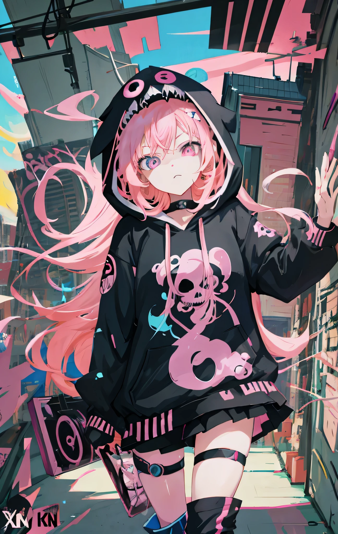 Anime girl in a hoodie with pink hair and a knife, terrible anime 8k, Best Anime 4K Kona-chan Wallpaper, anime style 4k, anime skull portrait woman, zerochan art, anime art wallpaper 4k, anime art wallpaper 4k, detailed fan art, anime art wallpaper 8k, demon slayer louis fan art, epic anime style