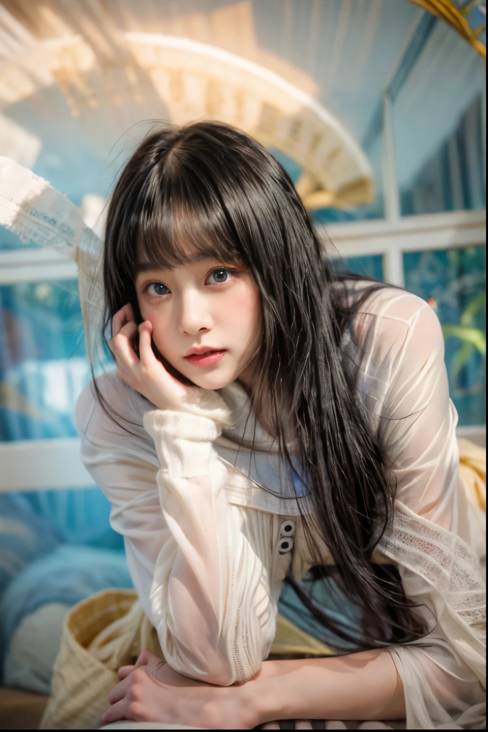masterpiece、highest quality、cinema、(Detailed both eyes)、(cute japanese woman、bangs:1.3)、23 years old、2 girls、elegant、black hair、(auraroid photo:1.4)、