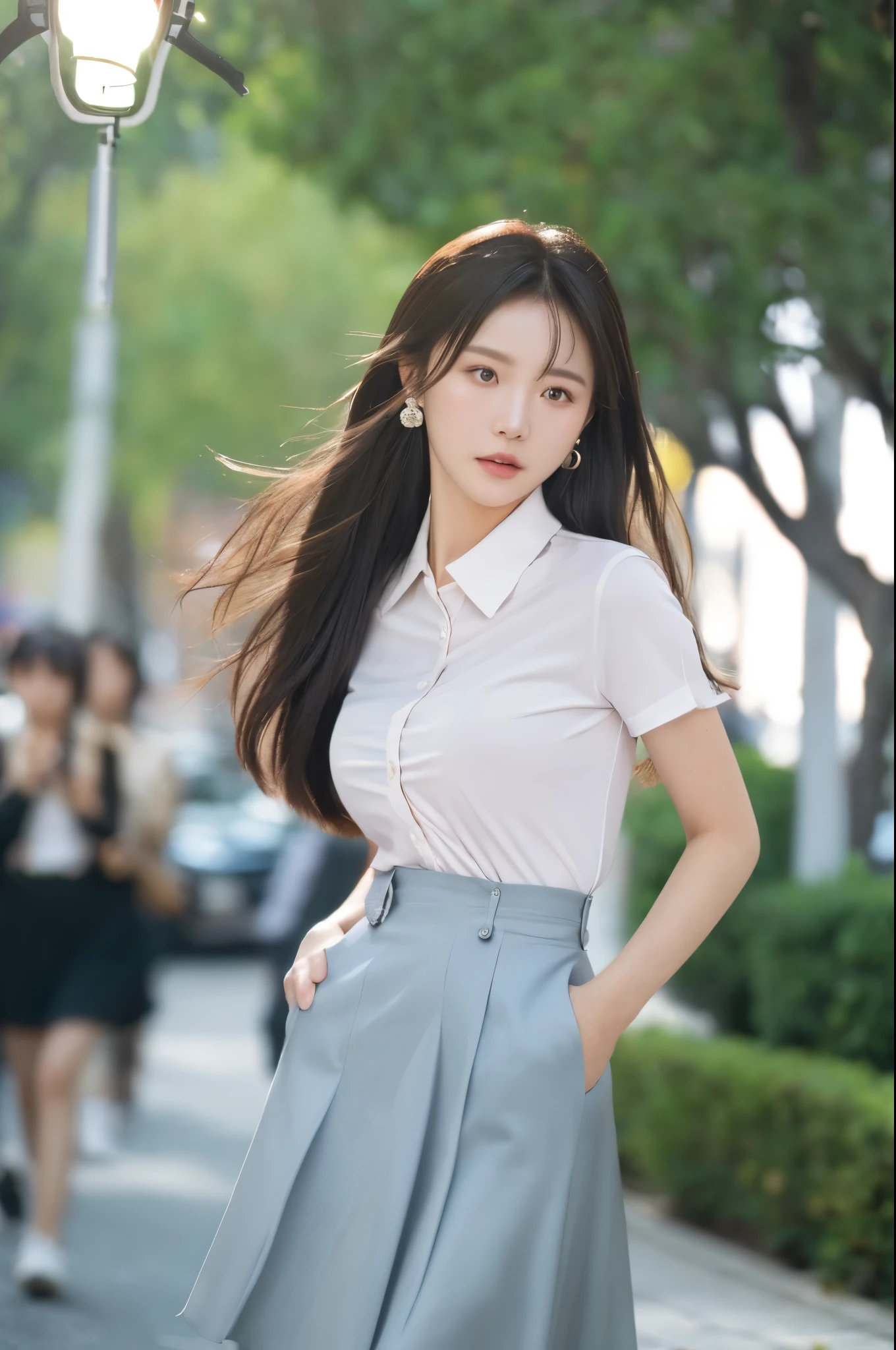 (low-angle view), (Body shot from knee to head), 1girl in, Solo, Young models, Sunny, Windy, crowdedstreets, Trees, Flowers, extremely detailed beautiful face, busty, slender, simple earrings, (Tight shirt), (( Exposed from a lifted skirt:1.3)), (Skirt blown by the wind), (up skirt), (Hands on hips), (Front lighting:1.3), Raw photo, Best Quality, High resolution, masutepiece, (Photorealistic:1.4), Professional Photography, Sharp Focus, nffsw, 8K resolution, intricate detailes, sophisticated details, depth of fields, NSFW, blurry backround,