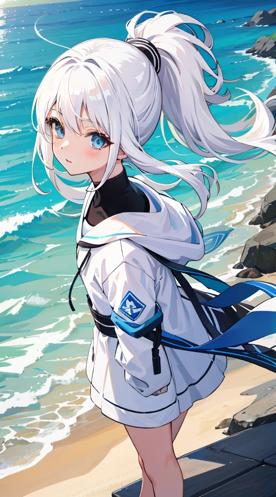 anime style,girl,white hair，White double ponytail, on the beach, national foundation