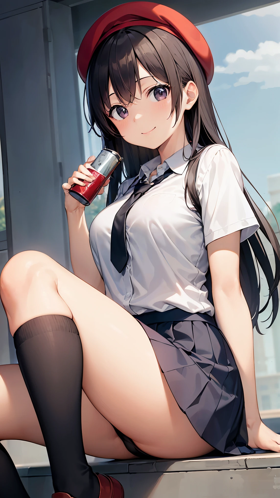 woman posing for a photo, shy smile, Happy, long hair, straight hair, fine skin, beautiful hands, Beautiful fingers, Wearing a beret, tie, Blouses with short sleeves, pleated skirt, thighs, Absolute area, knee socks, during the day, hot summer day, School, schoolyard, sitting on the bench, Canned juiceを持っている, natural lighting, detailed face:1.2, sharp focus, hasselblad photography, masterpiece, light makeup, cinematic lighting, 4K, highest quality, sharpness, anime style, whole body, Canned juice, 