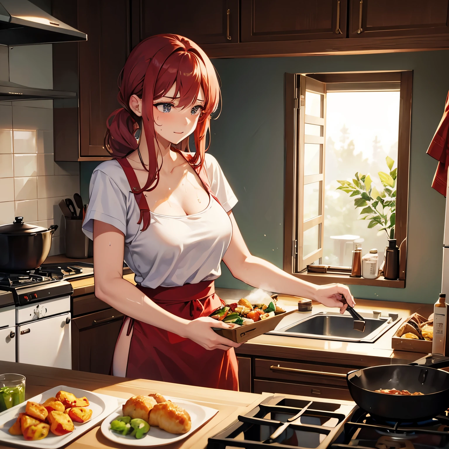 Young woman cooking, kitchen, cutting vegetables, beautiful woman, medium breasts Red apron, dirty, not wearing a shirt, sweating, wet, stove, fried food, afraid of heat