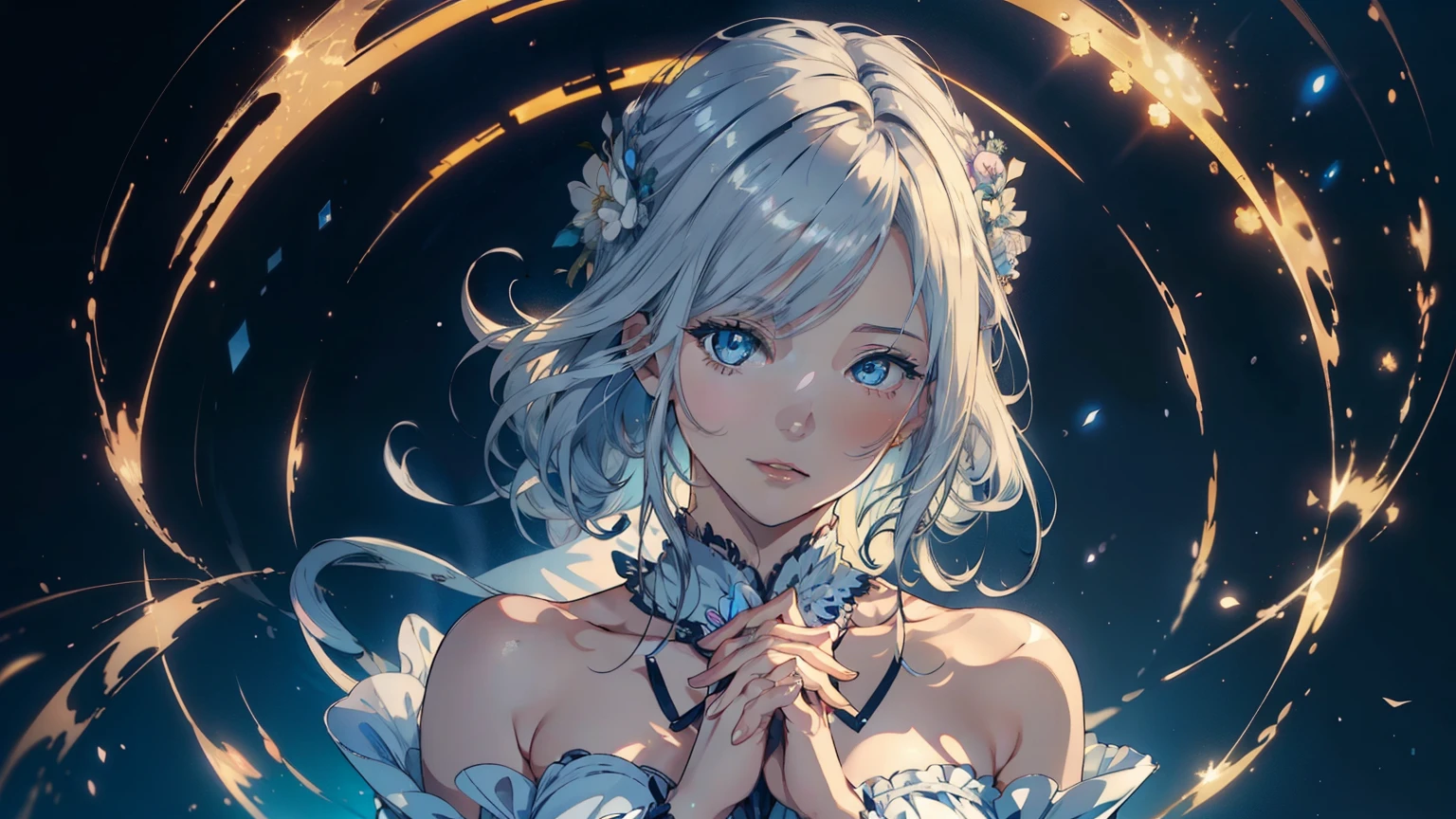 Aim from above、official art, ヨーロッパのmasterpiece女性,, pale silver hair , deep blue eyes, (masterpiece、highest quality、High resolution: 1.4),In 8K, anime art nouveau, Highly detailed exquisite fan art, anime fantasy illustration, clean detailed anime art, detailed anime art, sharp focus of a person, Delicate Beautiful Hair and Eyes and Face,a little smile, real, Super detailed, Flower Garden,((Delicate, delicate and cute hands)),((elegant shiny dress)),((Lots of races)),((lots of frills)),((lots of ribbons))