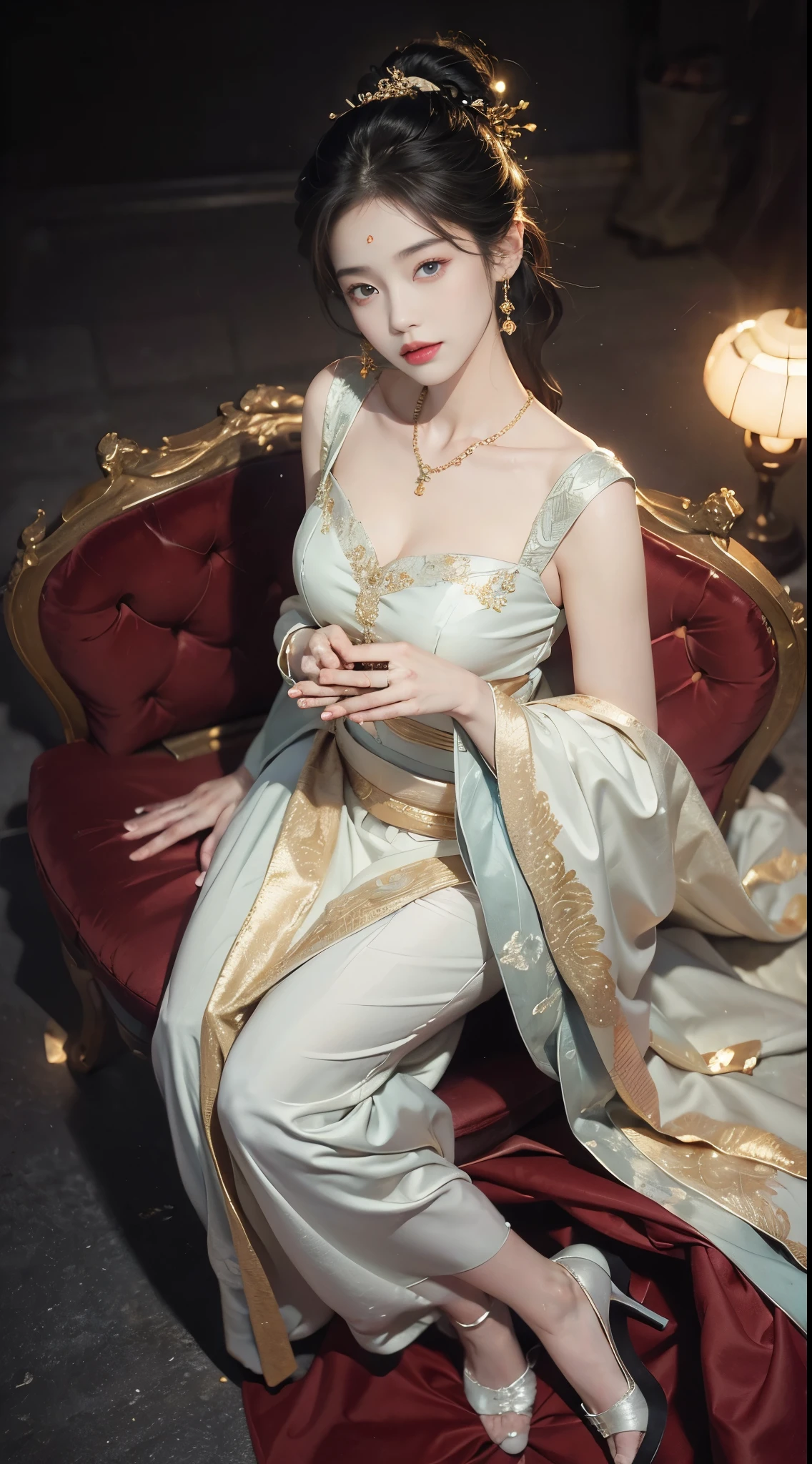 ((full body)), ((from above)), ((Satellite view)), ((Lying in bed)), clear face, pretty face, 8k, masterpiece, original photo, best quality, detail:1.2,lifelike, detail, Very detailed, CG, unified, wallpapers, depth of field, movie light, lens flare, Ray tracing, (extremely beautiful face, beautiful lips, beautiful eyes), intricate, detail的脸, ((ultra detailed skin)), 1 girl, in the darkness, deep shadow, beautiful korean girl, kpop idol,(Very slim figure:1.3), A plump chest, Large breasts, Slender sexy legs, Very nice legs, elegant posture, (bright smile), (City night, (neon lights), (night), beautiful korean girl, white diamond earrings, Diameter bracelet, Dia necklace, clear eyes, (big eyes)