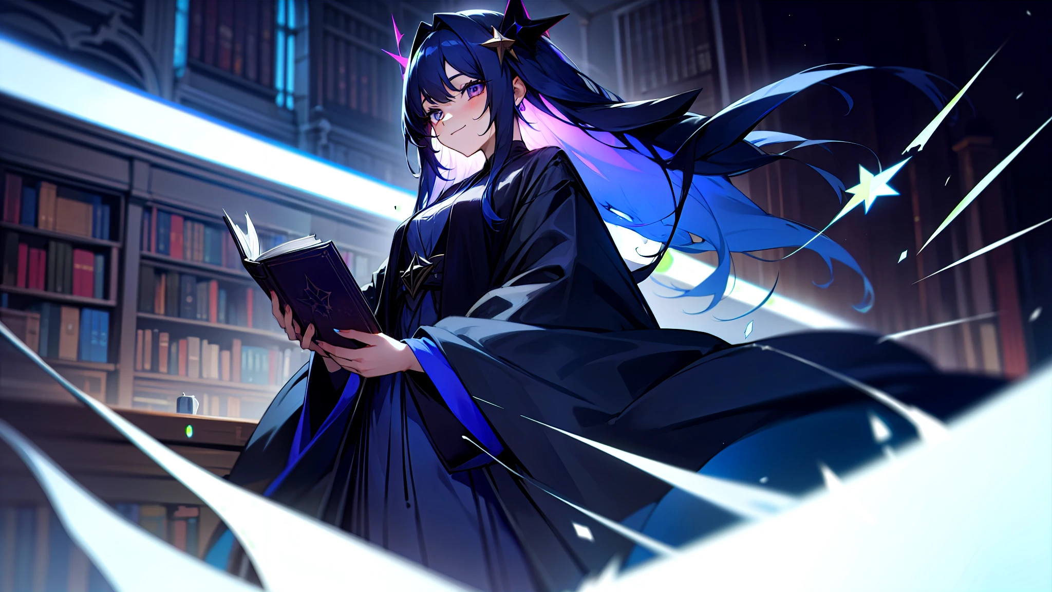 woman　Blue long-haired　star hair ornament　Black robe　Eyes without light　crazy smile　villain　have a book　An endless bookshelf in the background